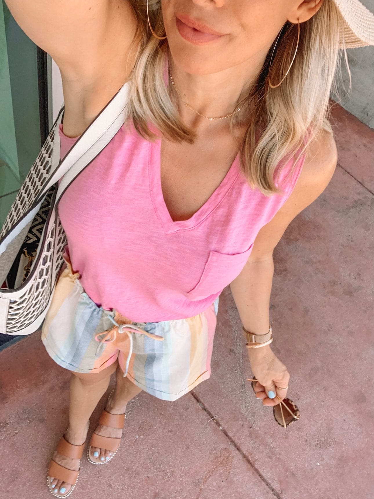 striped shorts and pink tank