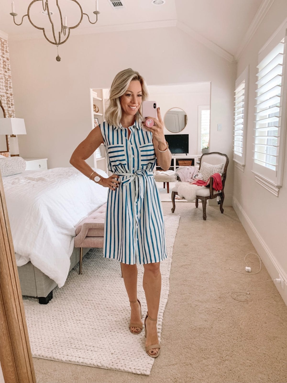 blue and white striped shirtdress