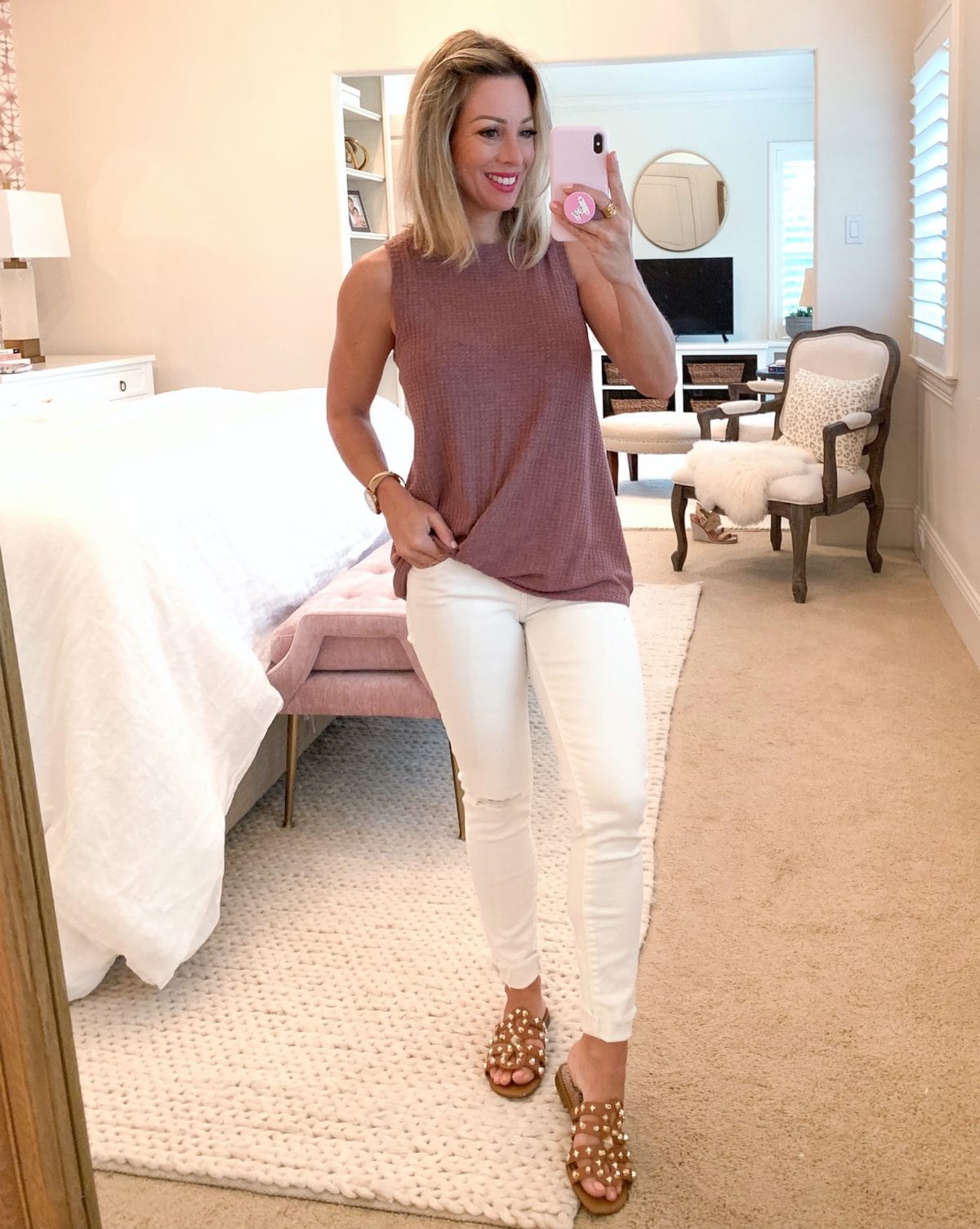 Amazon Fashion Haul Woven Pink Tank and White Jeans