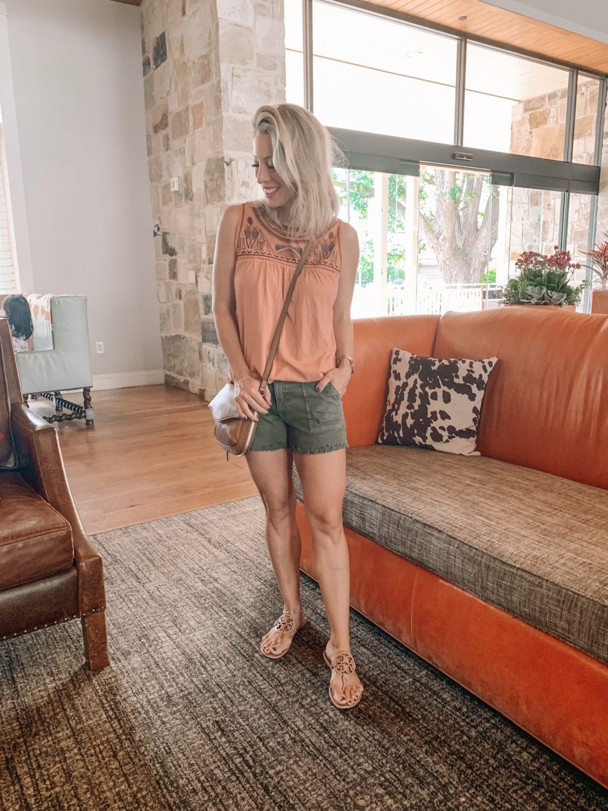 embroidered tank and olive jean shorts