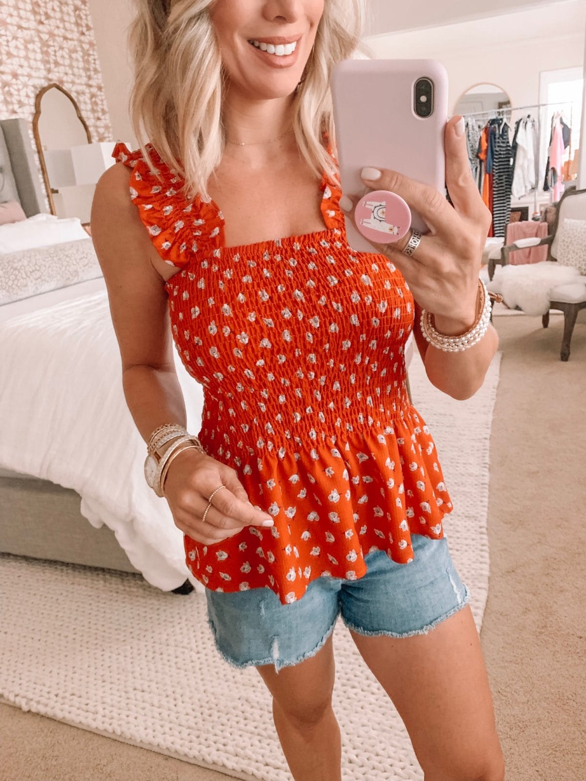 Amazon Fashion Haul - red floral top and jean shorts
