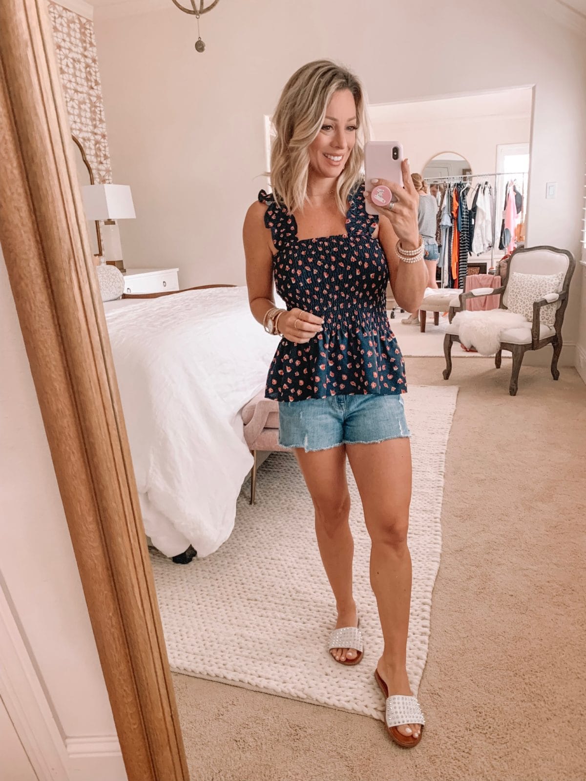 Amazon Fashion Haul - navy floral top and jean shorts