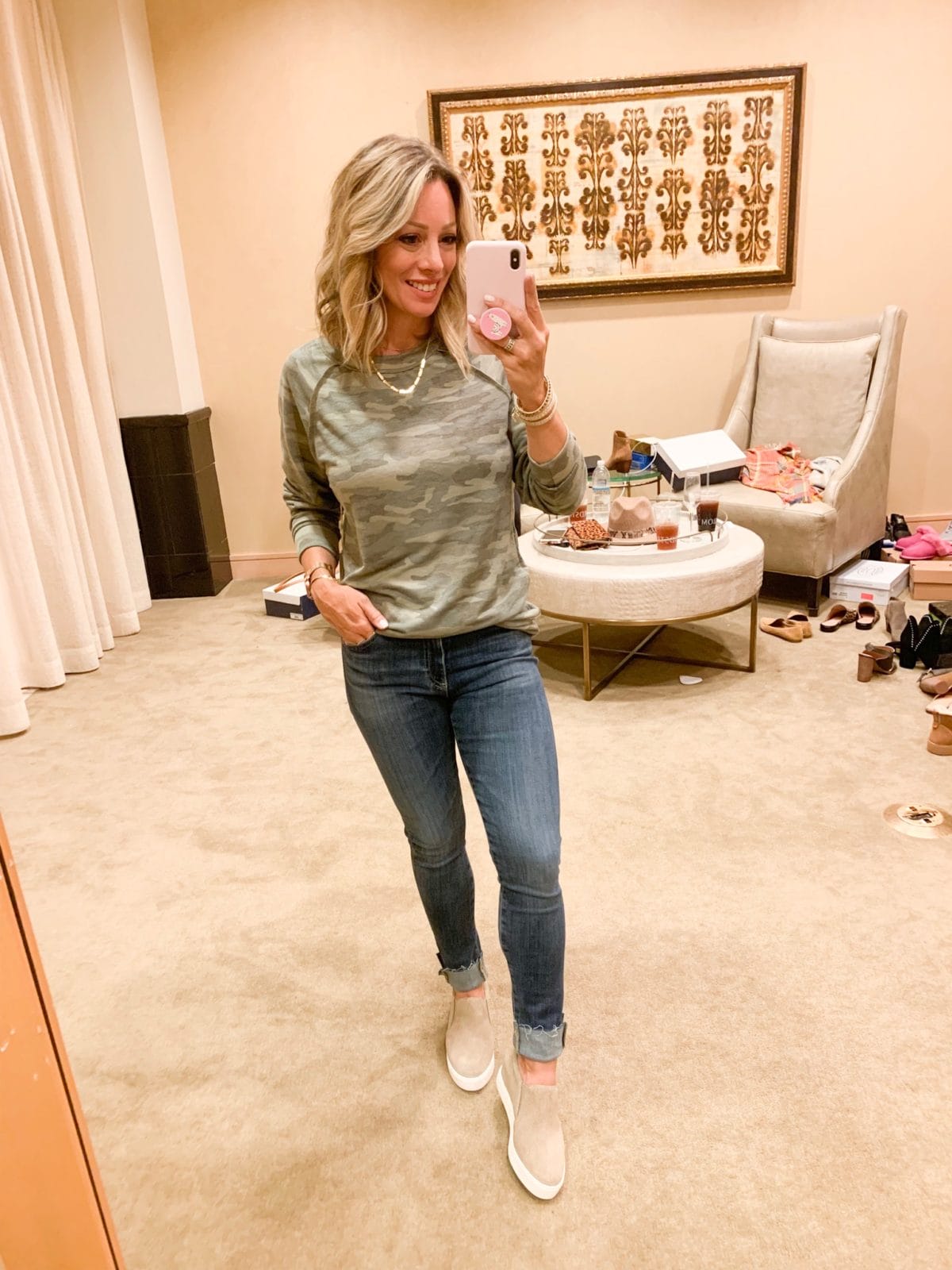 Nordstrom Anniversary Sale - Camo shirt with AG Farrah Jeans and grey sneakers