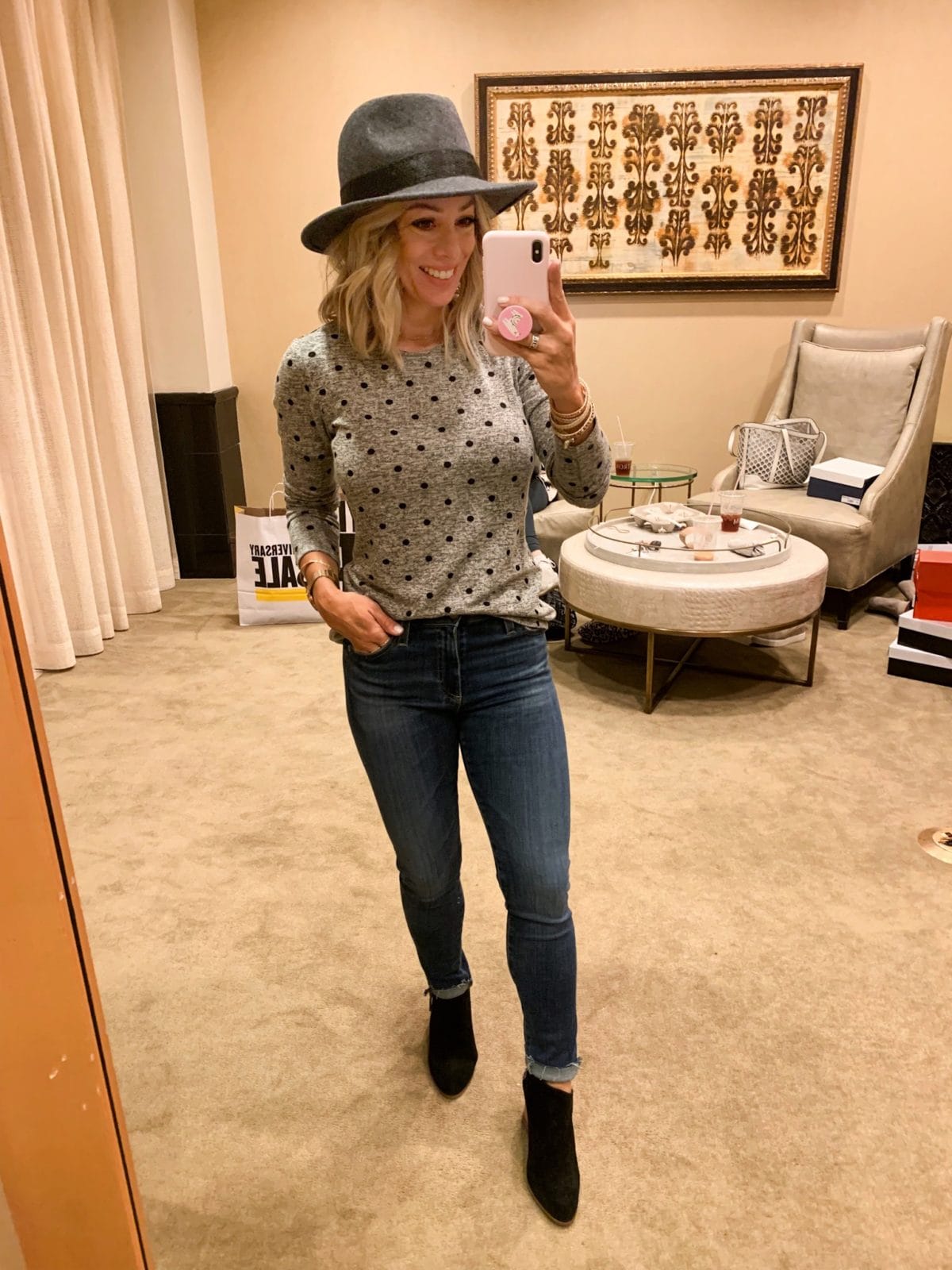 Nordstrom Anniversary Sale - Polka dot shirt with AG Farrah Jeans a grey hat and booties