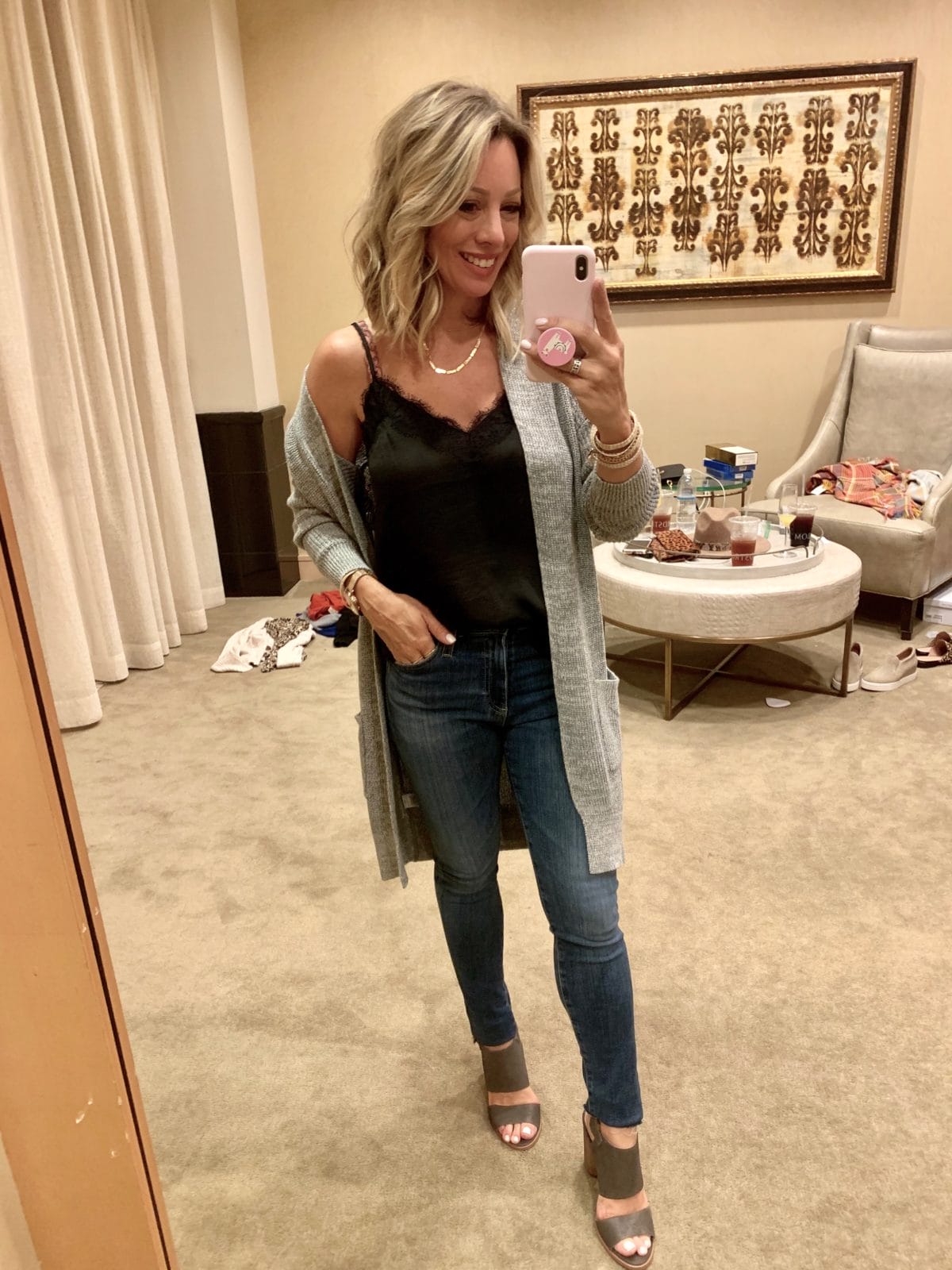 Nordstrom Anniversary Sale - BP lace Cami with Bp long line cardigan with jeans and wedges