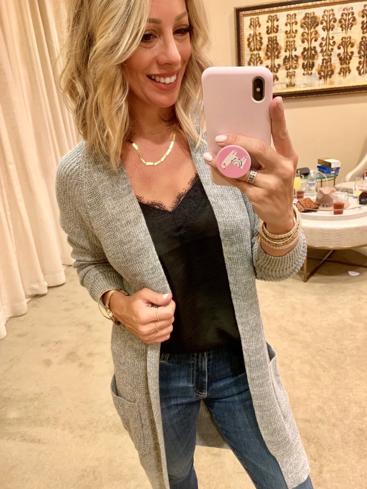 Nordstrom Anniversary Sale - BP lace Cami with Bp long line cardigan with jeans and wedges