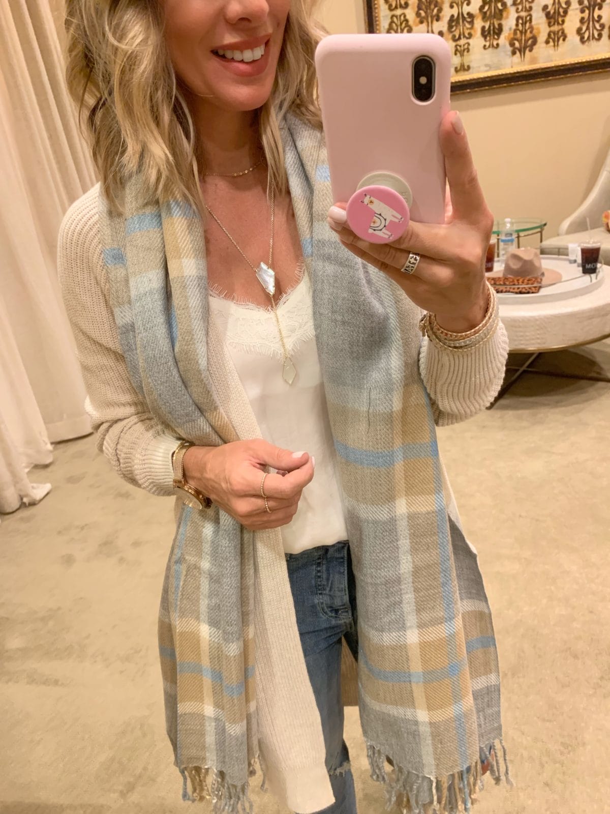 Nordstrom Anniversary Sale - white lace cami with Jeans and boots and a plaid scarf