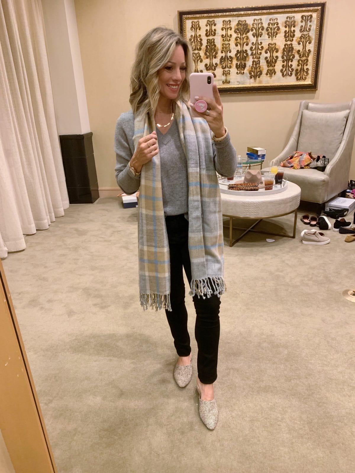 Nordstrom Anniversary Sale - grey long sleeve with a plaid scarf, black jeans, and leopard sandals