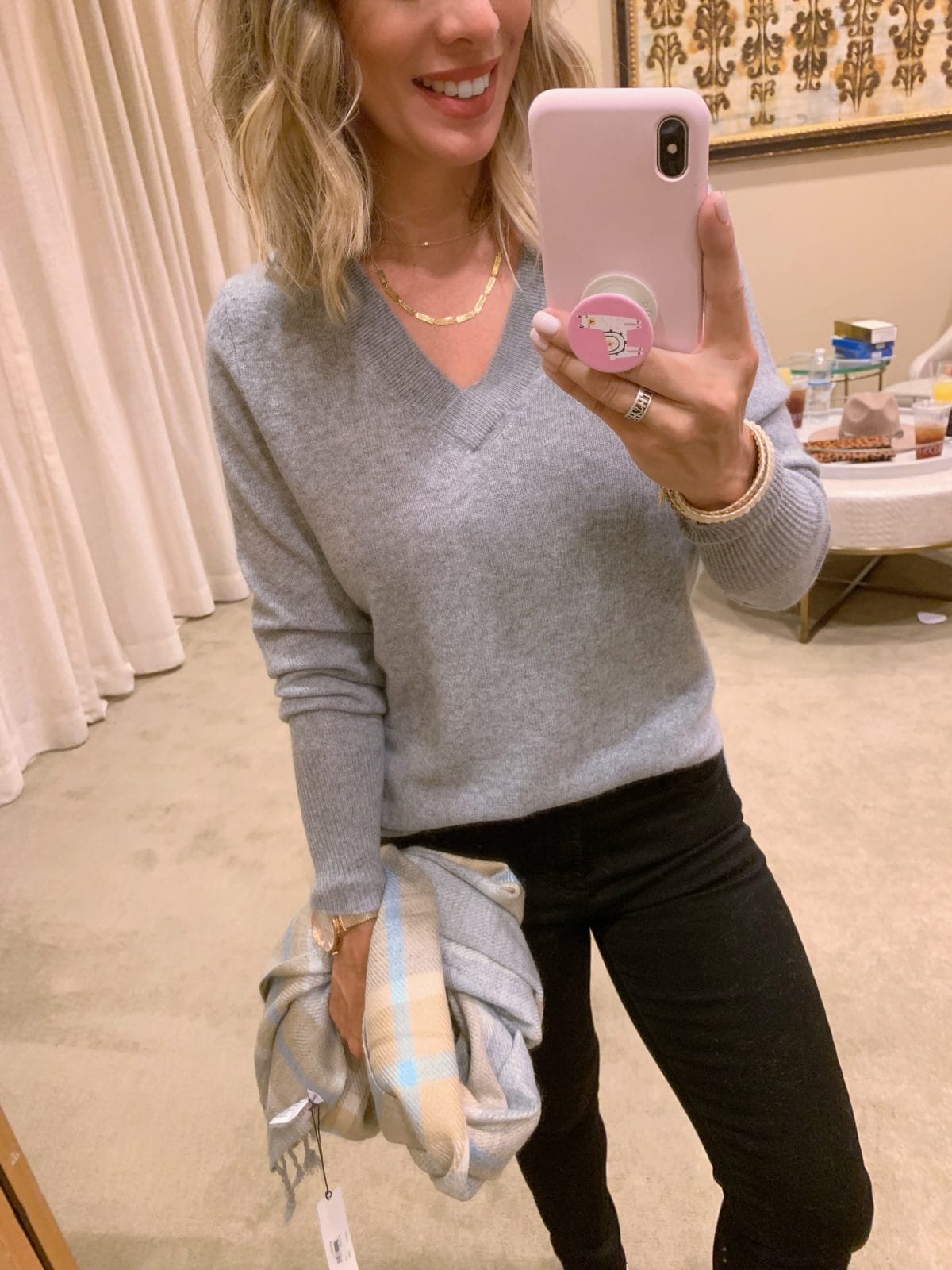 Nordstrom Anniversary Sale - grey long sleeve with a plaid scarf, black jeans, and leopard sandals