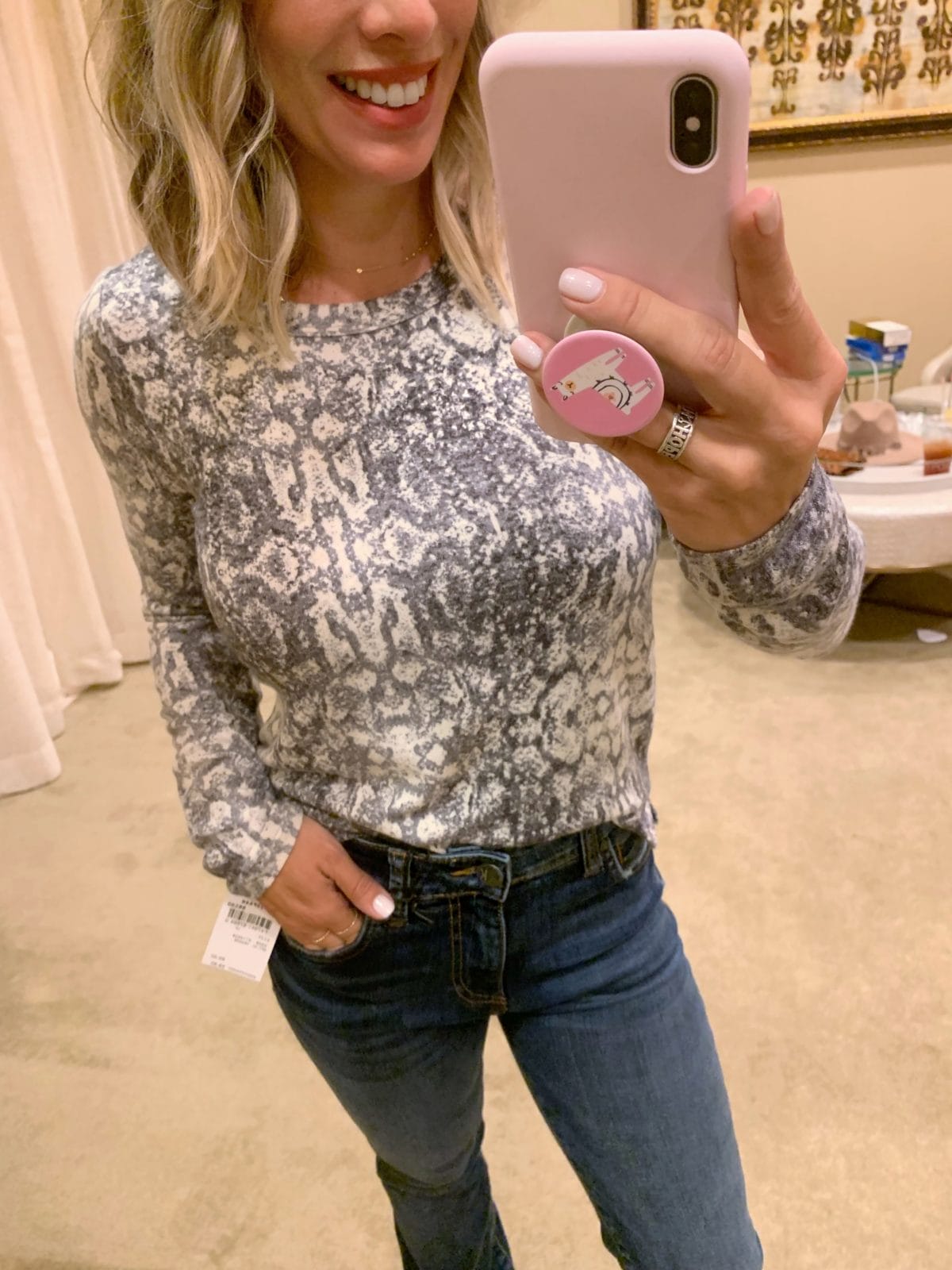 Nordstrom Anniversary Sale - snakeskin long sleeve shirt with boot cut jeans and boots