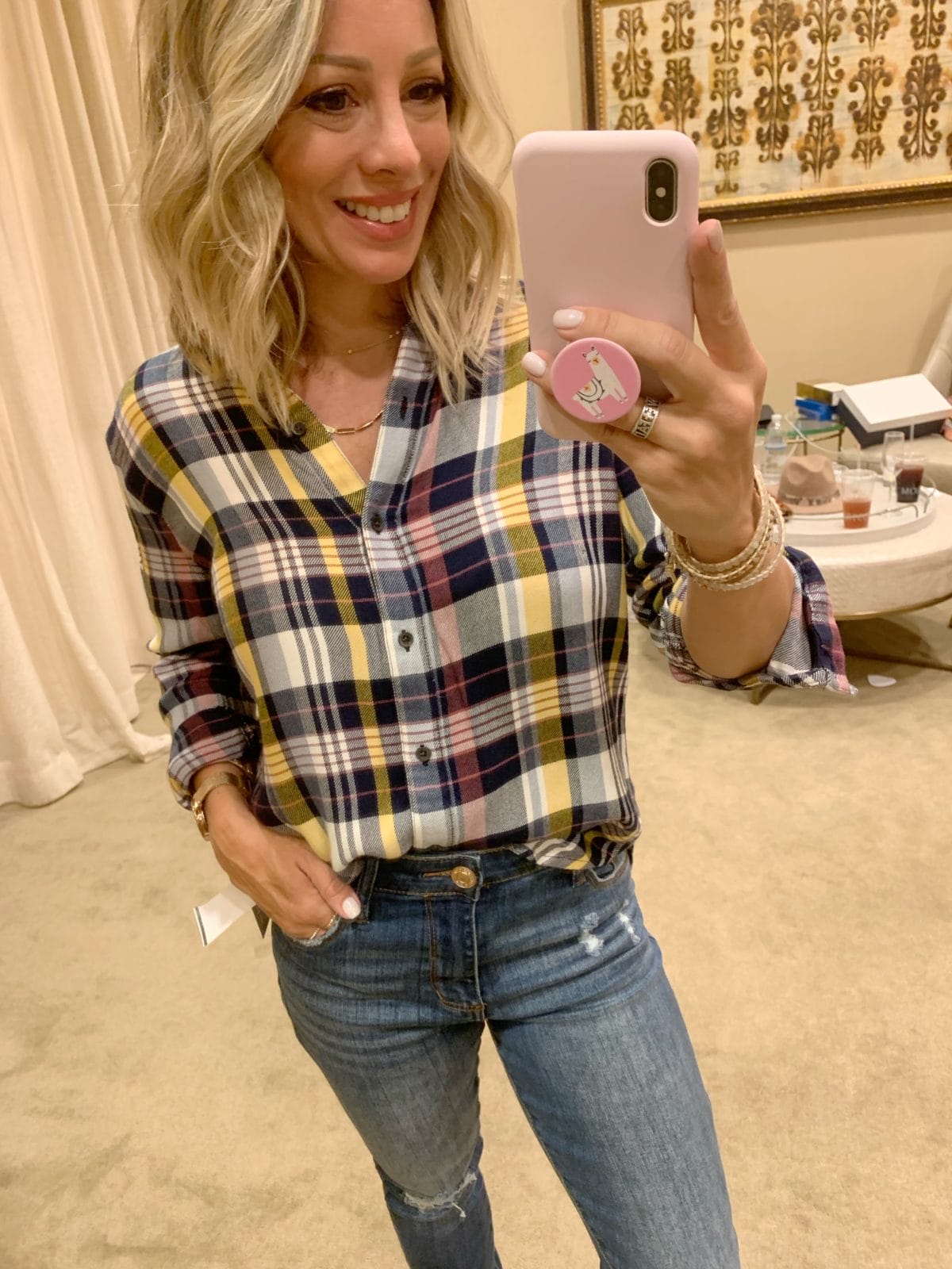 Nordstrom Anniversary Sale - plaid top with jeans and peep toe boots