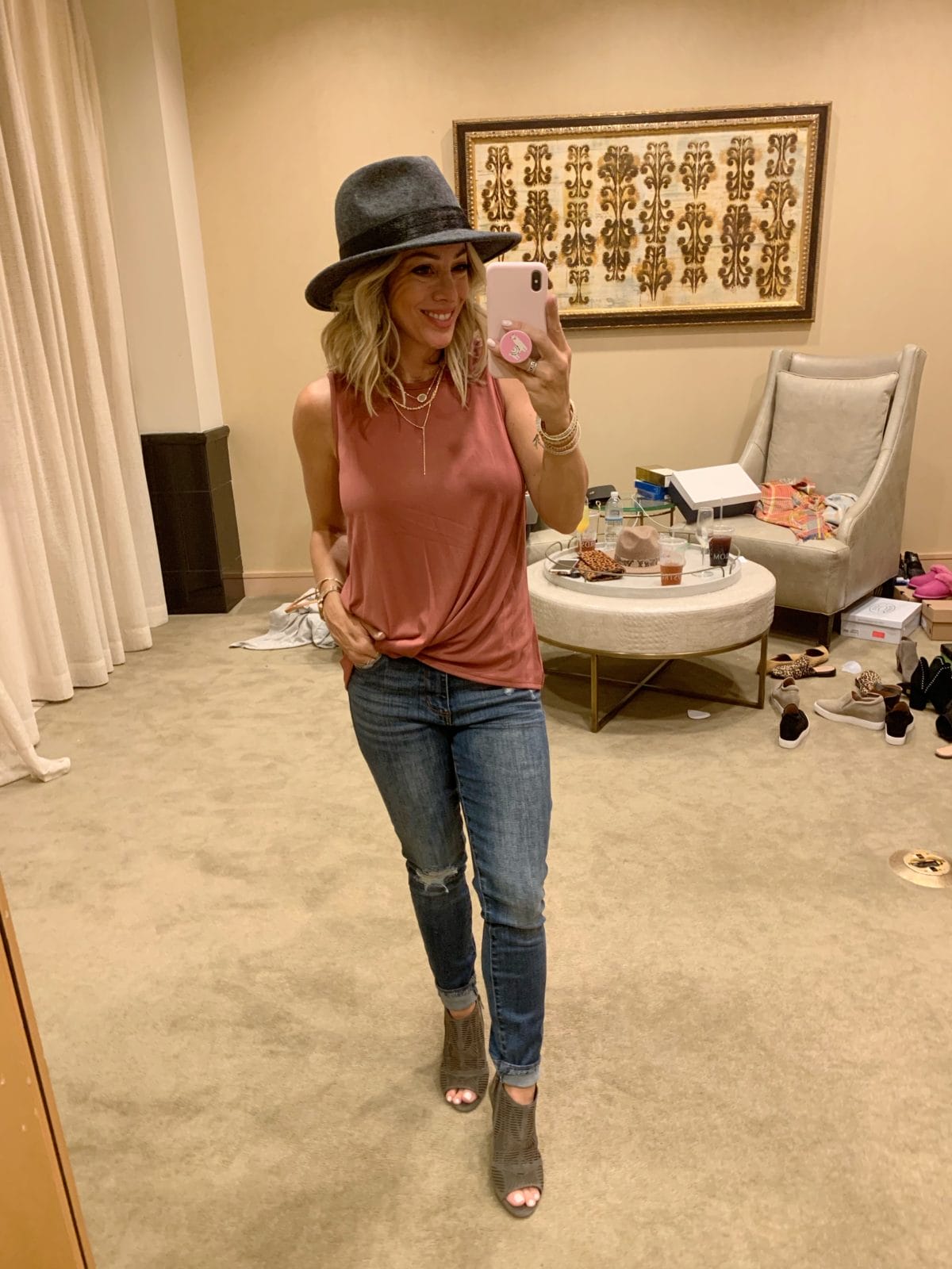 Nordstrom Anniversary Sale - pink tank with jeans and peep toe boots with a grey hat