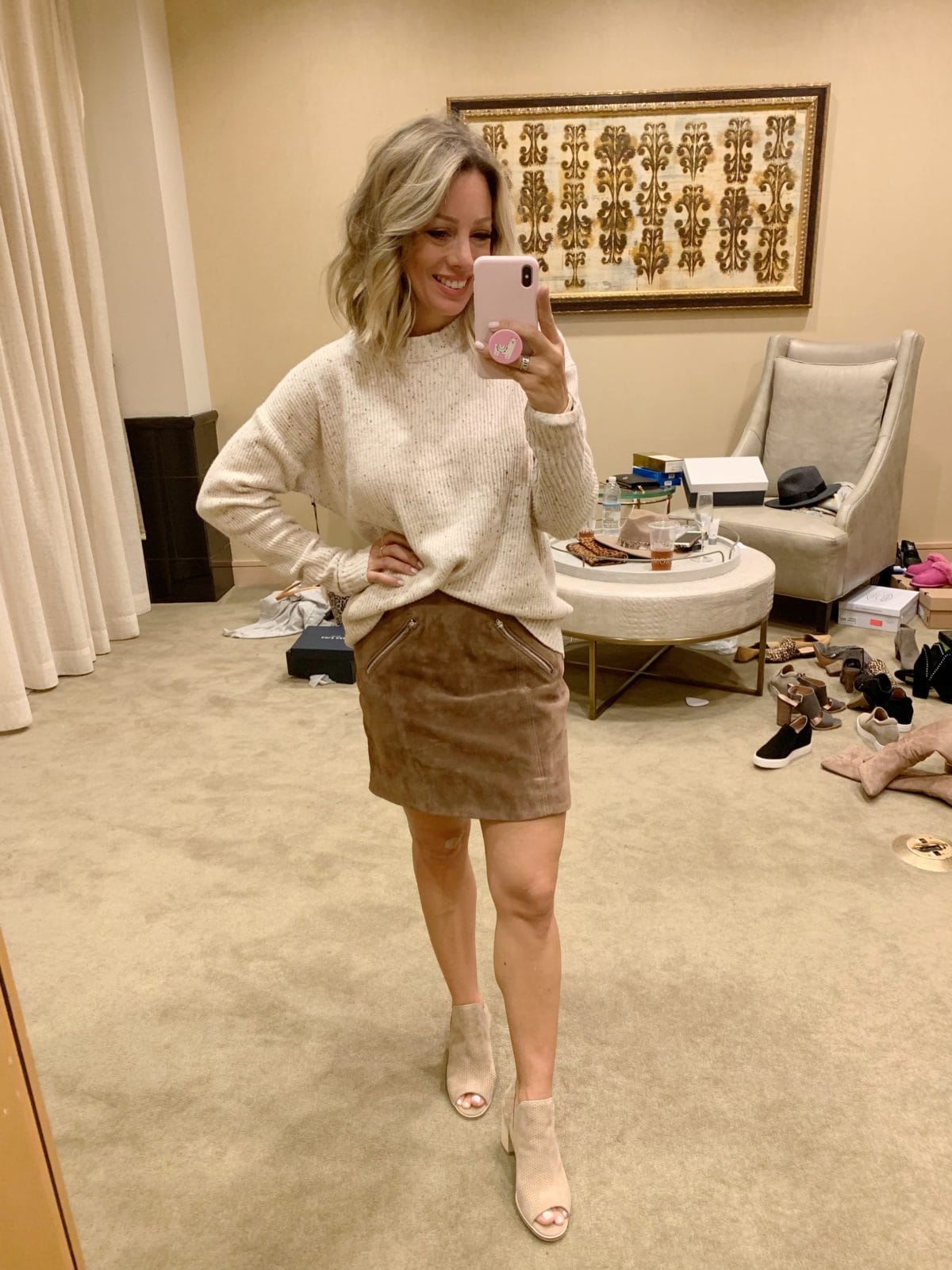 Nordstrom Anniversary Sale - cream sweater with a suede skirt and peep toe boots