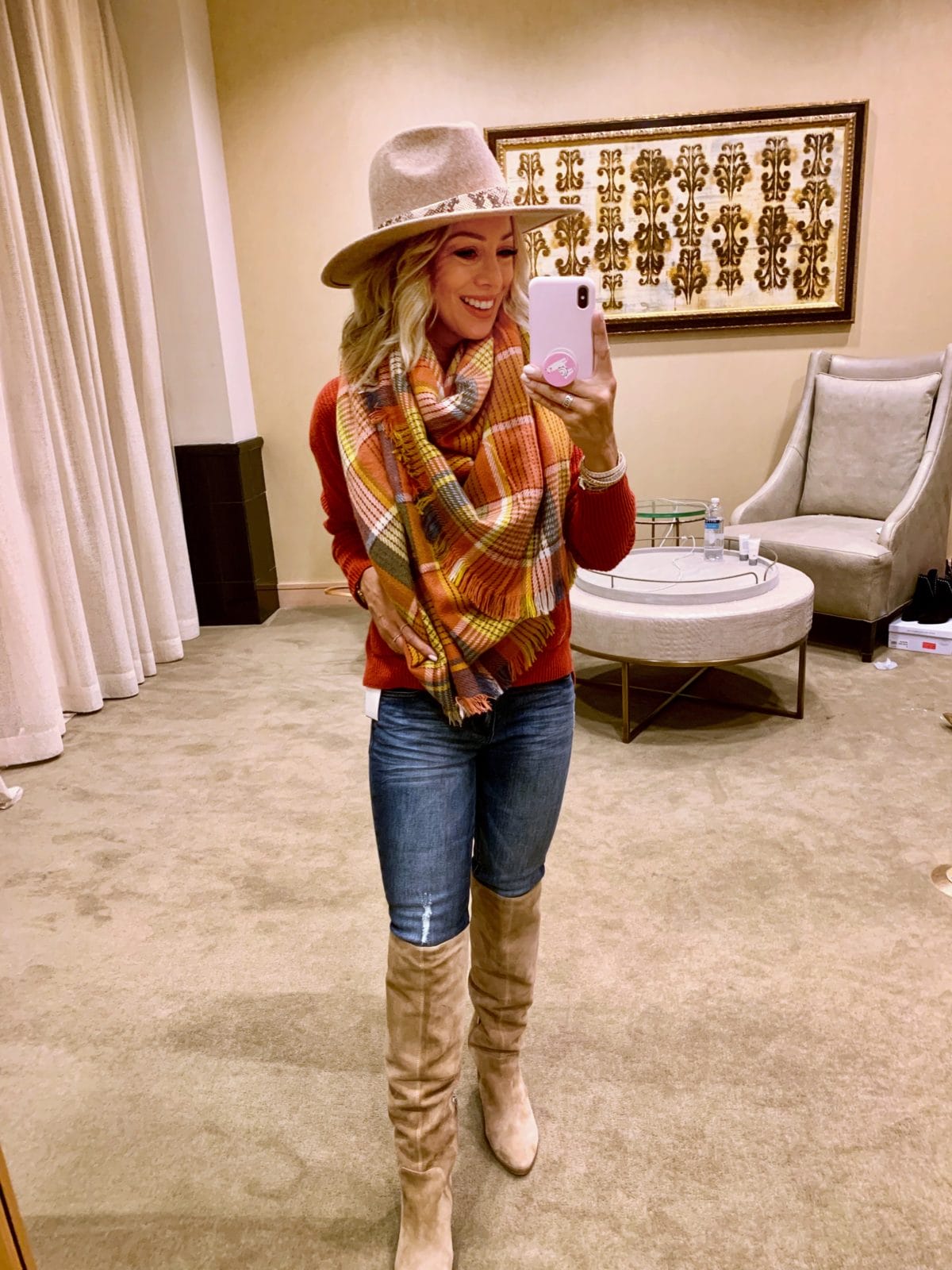 Nordstrom Anniversary Sale - Orange Sweater with Jeans, A scarf and a hat with Sam Edelman Boots