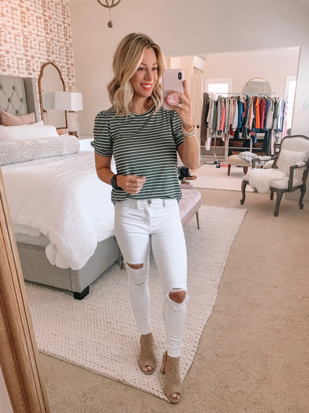 Dressing Room - Green stripe shirt with white jeans