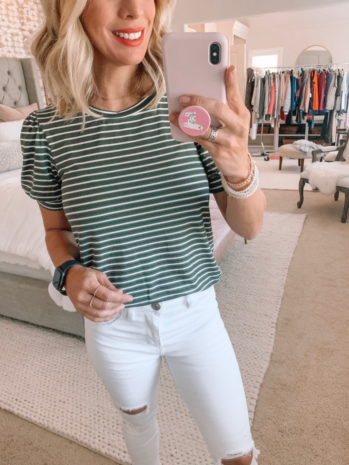 Dressing Room - green stripe shirt with white jeans