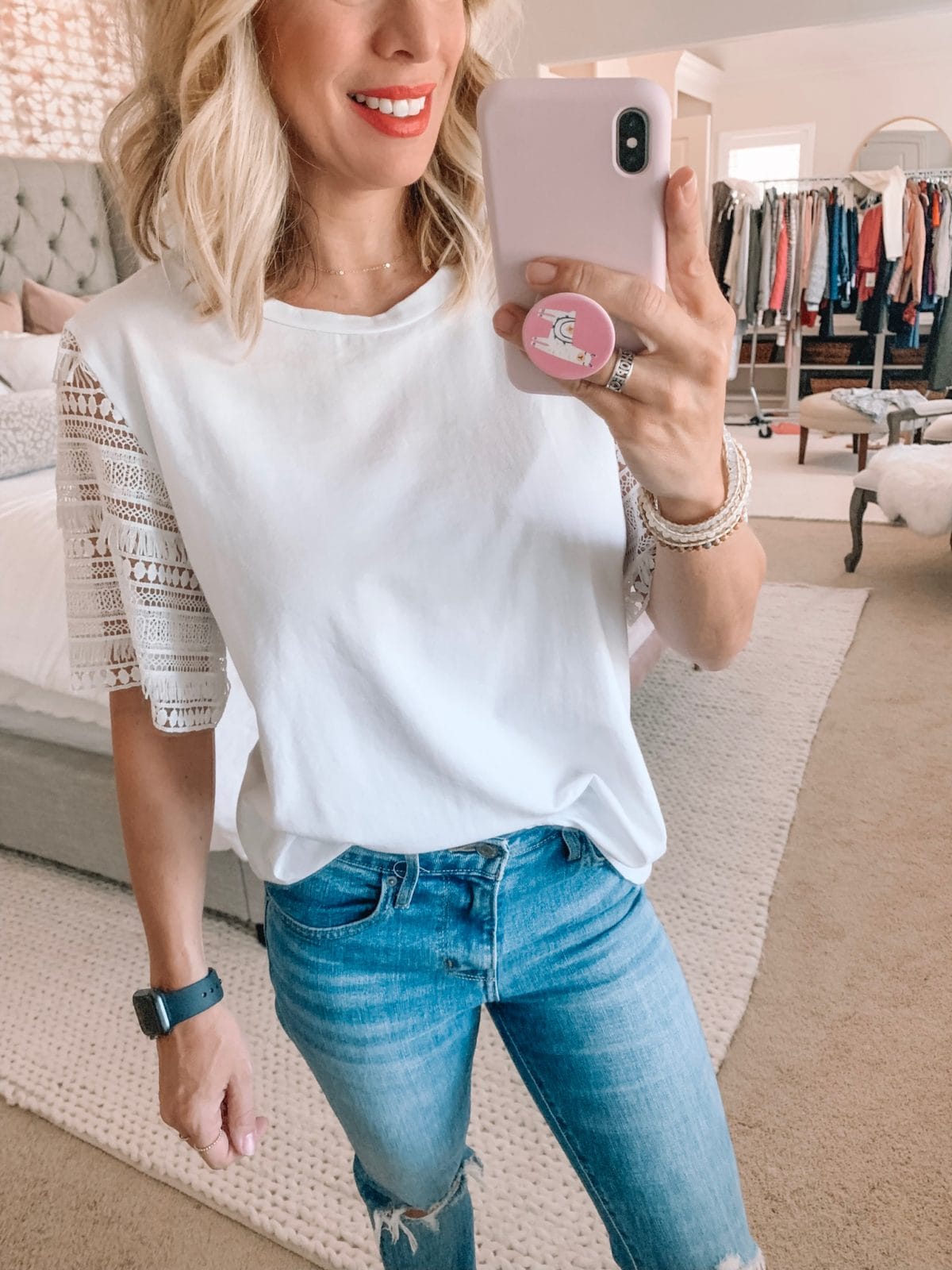Dressing Room - white lace sleeve top with blue jeans