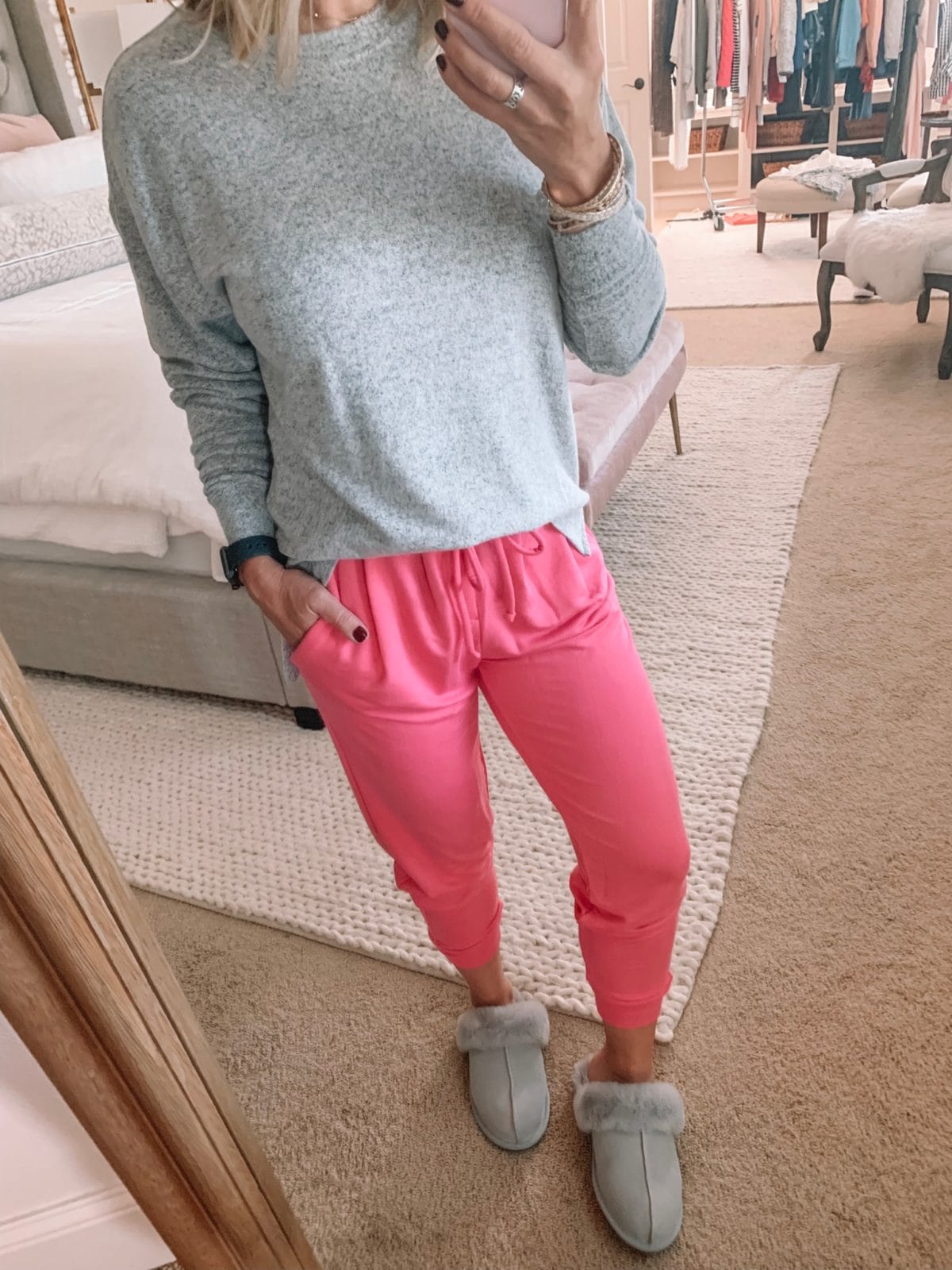 Dressing Room -grey long sleeve top with pink joggers and ugg slippers