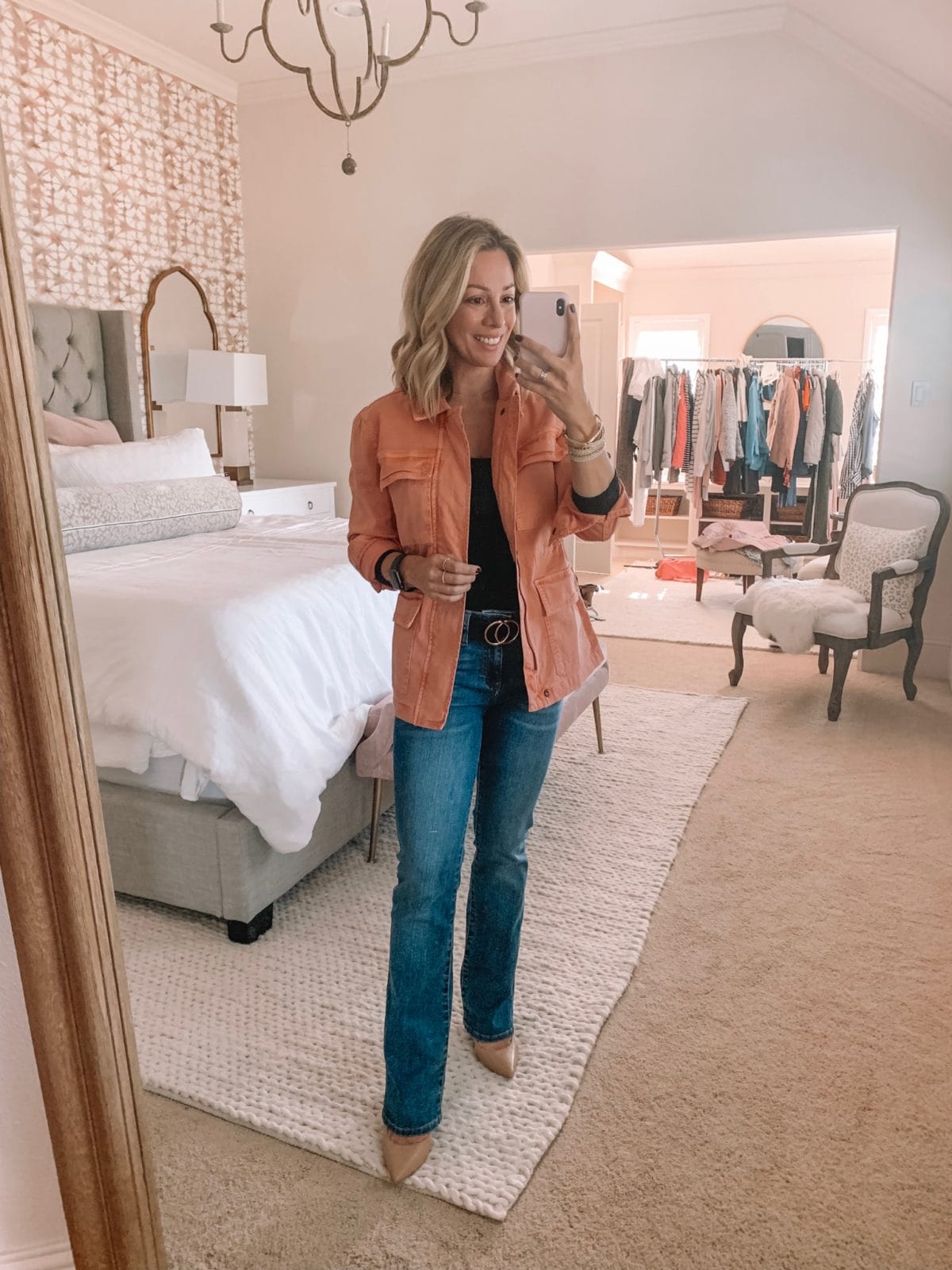 Dressing Room - orange army jacket with boot cut jeans
