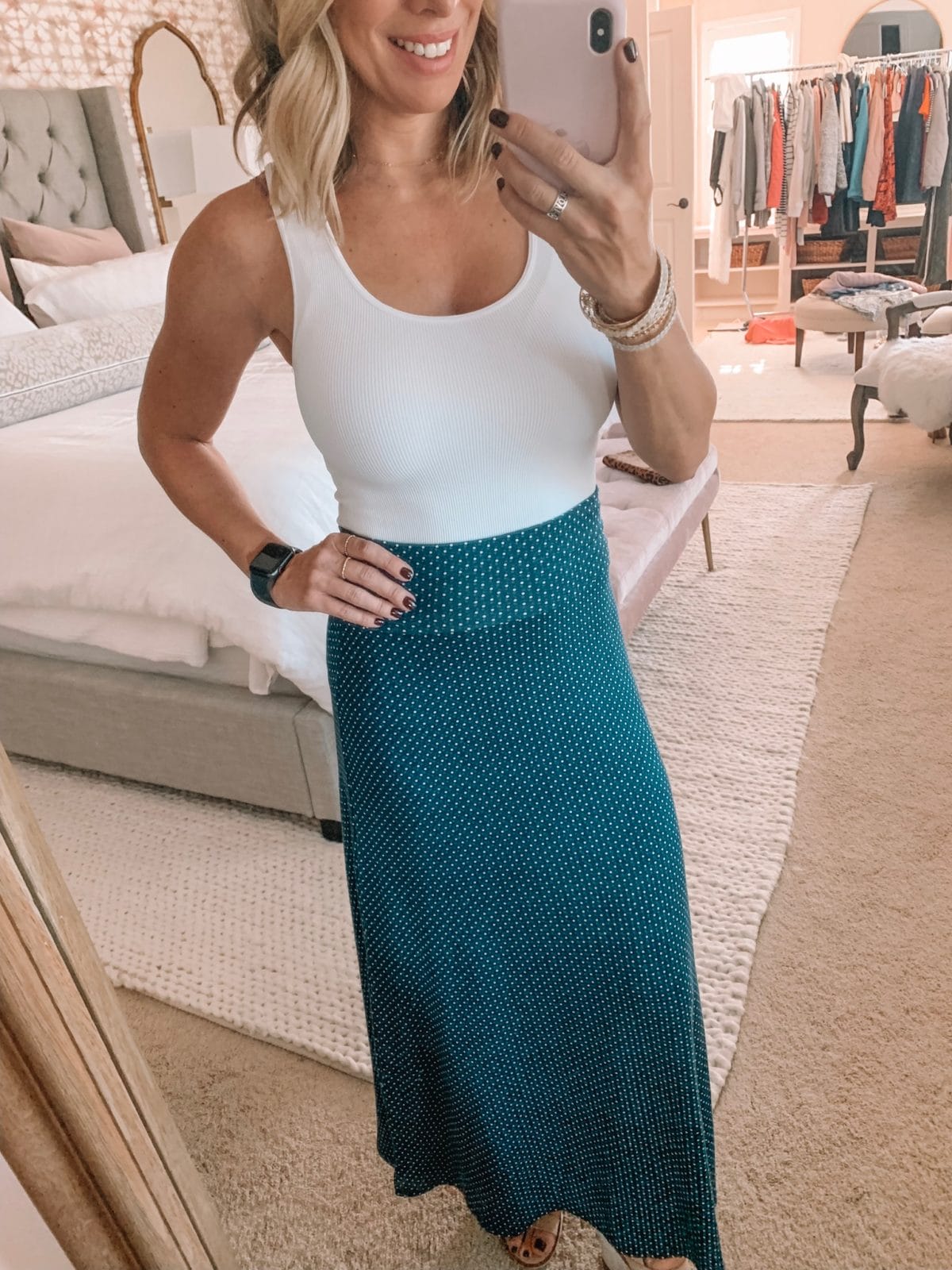 Dressing Room - white tank with a blue polka dot skirt