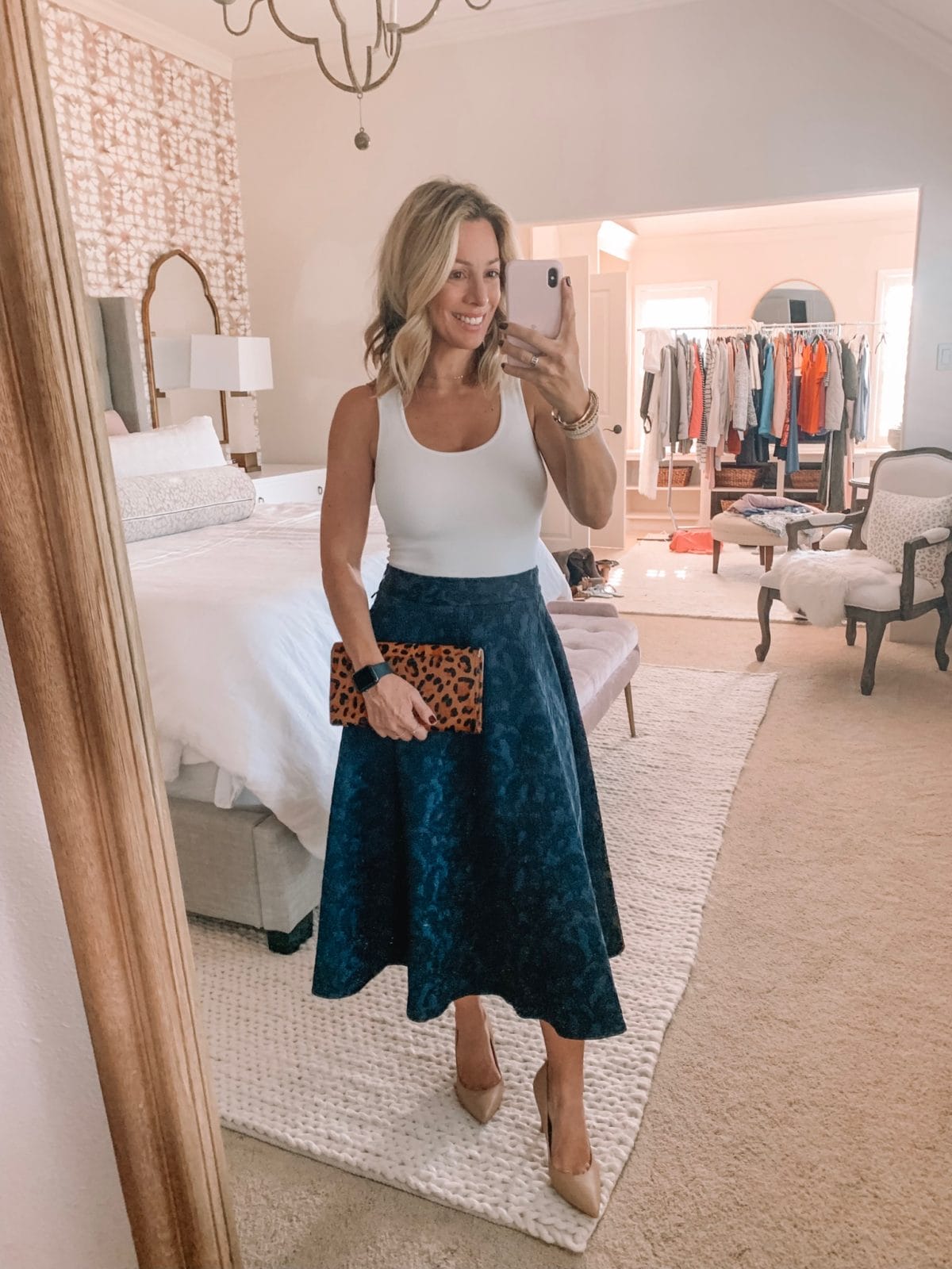 Dressing Room - white tank with blue spotted skirt with a leopard clutch