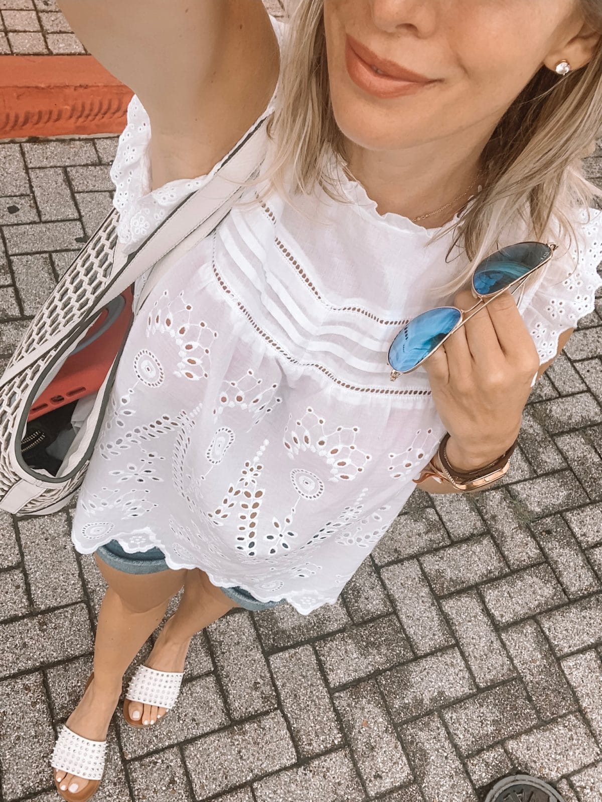 48 Hours in Galveston - Amazon Eyelet Top with Steve Madden studded sandals