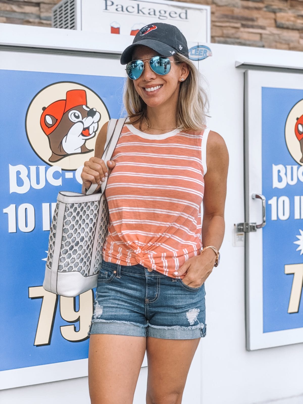 48 Hours in Galveston - stripe shirt with jean shorts