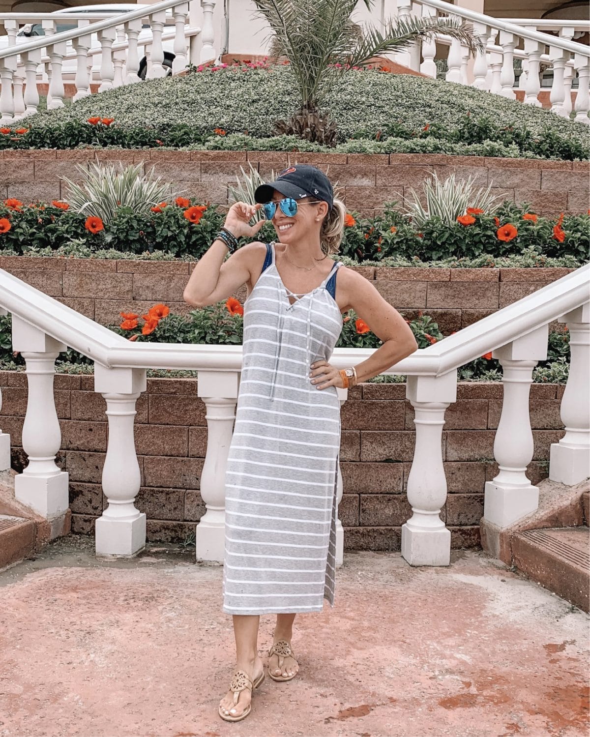 48 Hours in Galveston - grey stripe maxi dress with miller sandals