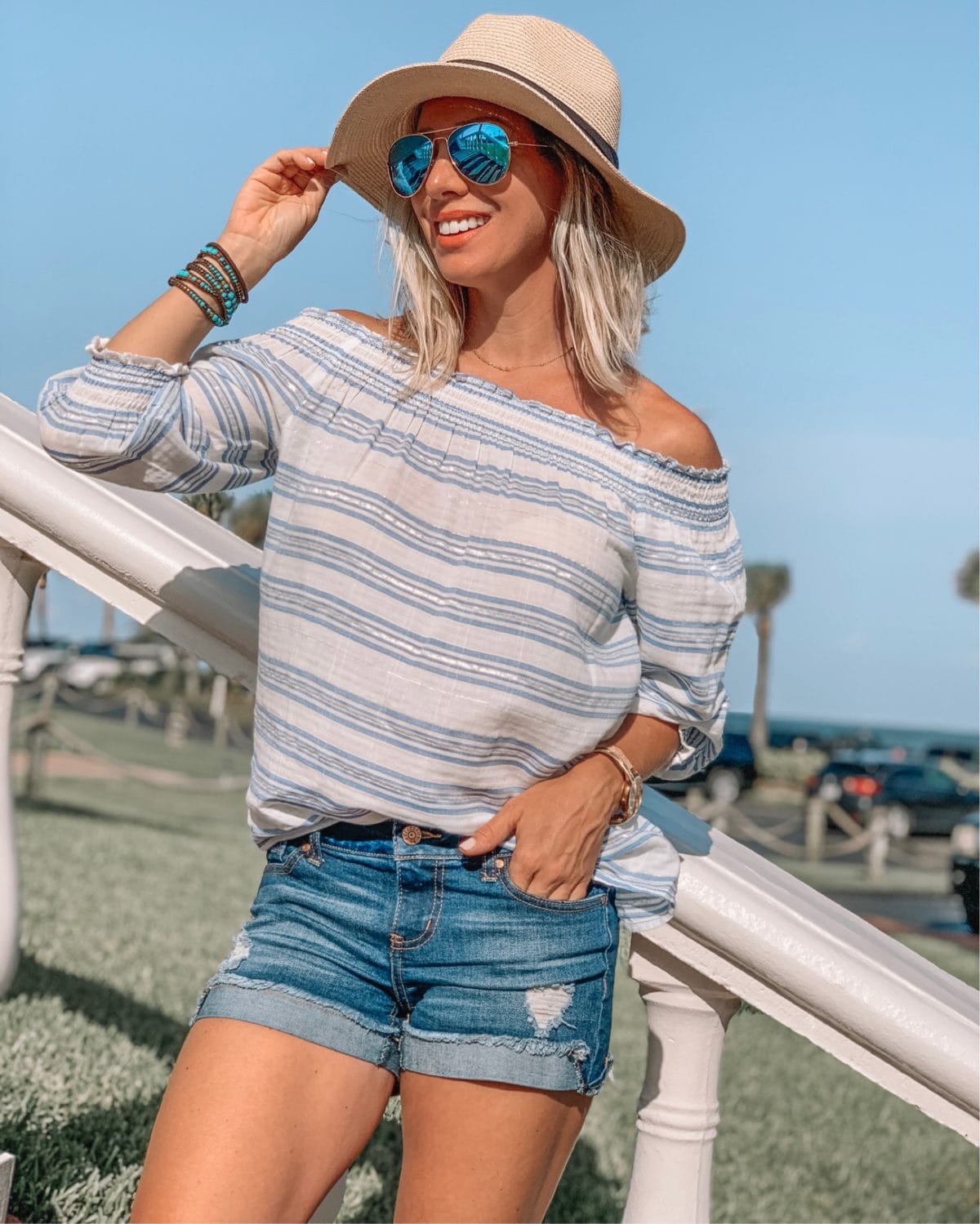 48 Hours in Galveston - stripe shirt with a beach hat