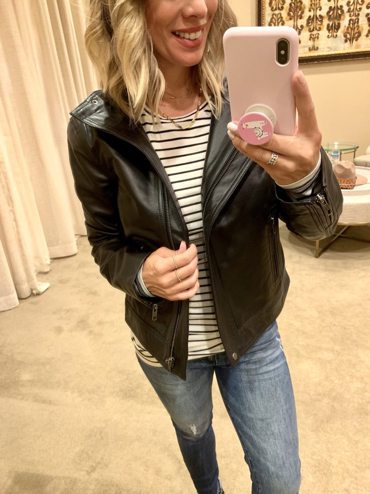 Nordstrom Anniversary Sale - stripe shirt with a leather jacket with Jeans and Sam Edelman Boots