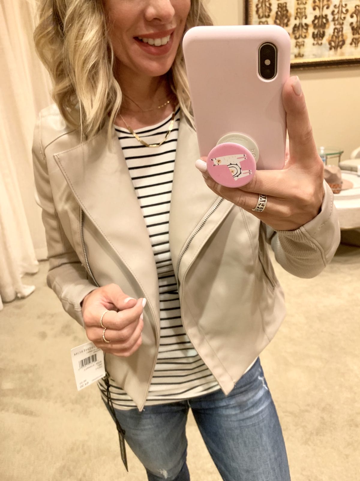 Nordstrom Anniversary Sale - Stripe top with a cream jacket with Jeans and Sam Edelman Boots