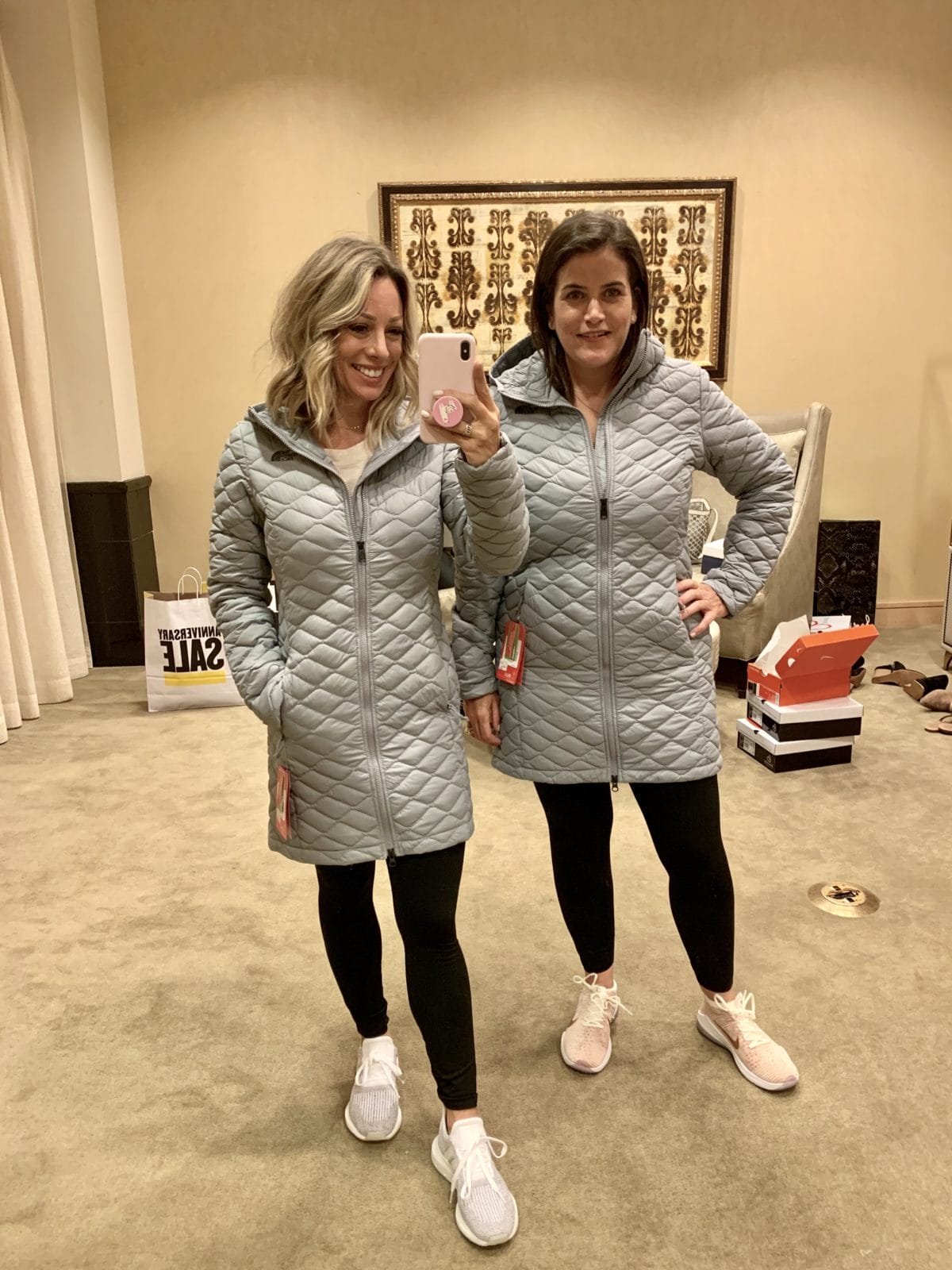 Nordstrom Anniversary Sale - Northface grey parka with leggings and nike tennis shoes
