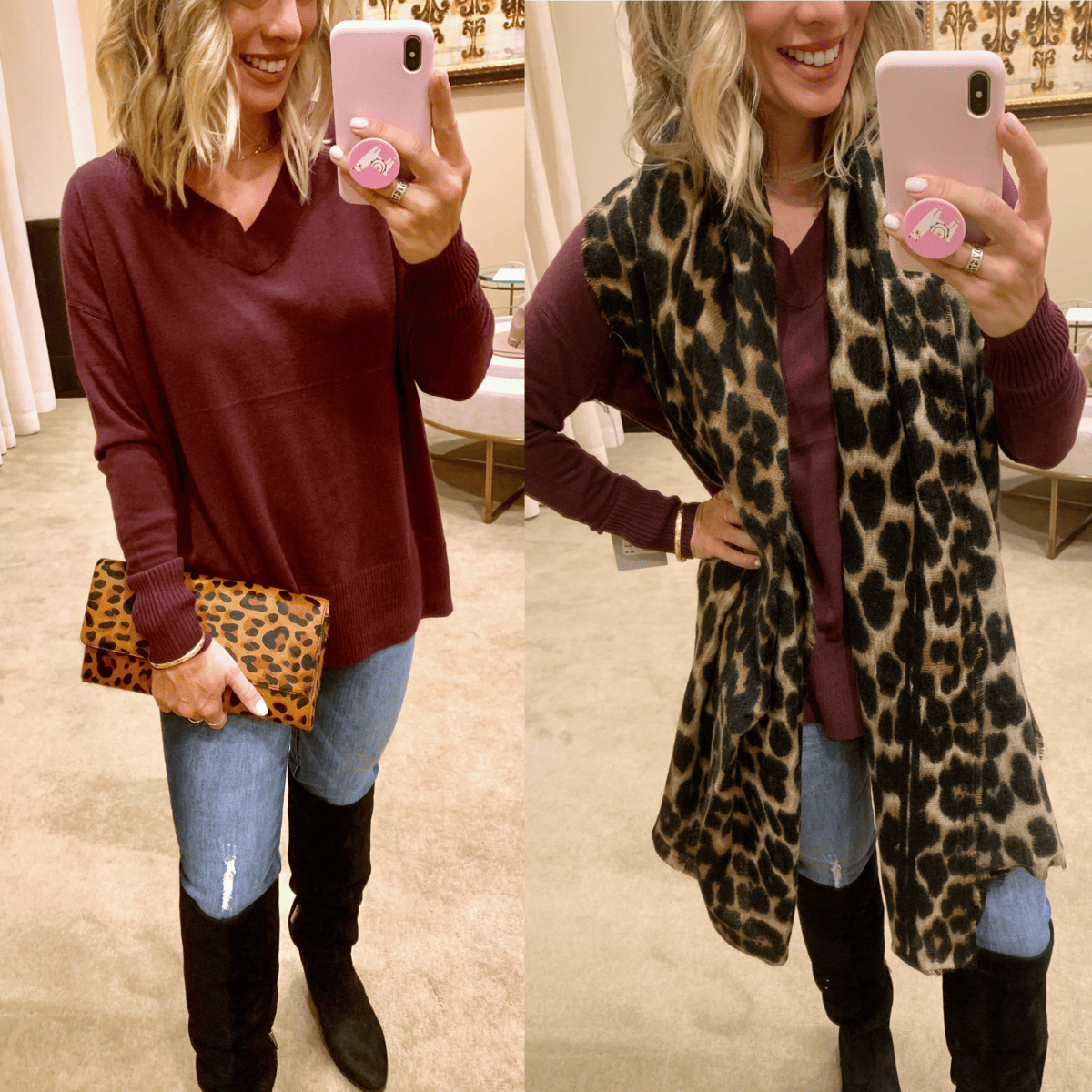 Nordstrom Anniversary Sale - Maroon Sweater with Jeans and Sam Edelman Boots with a leopard clutch and scarf