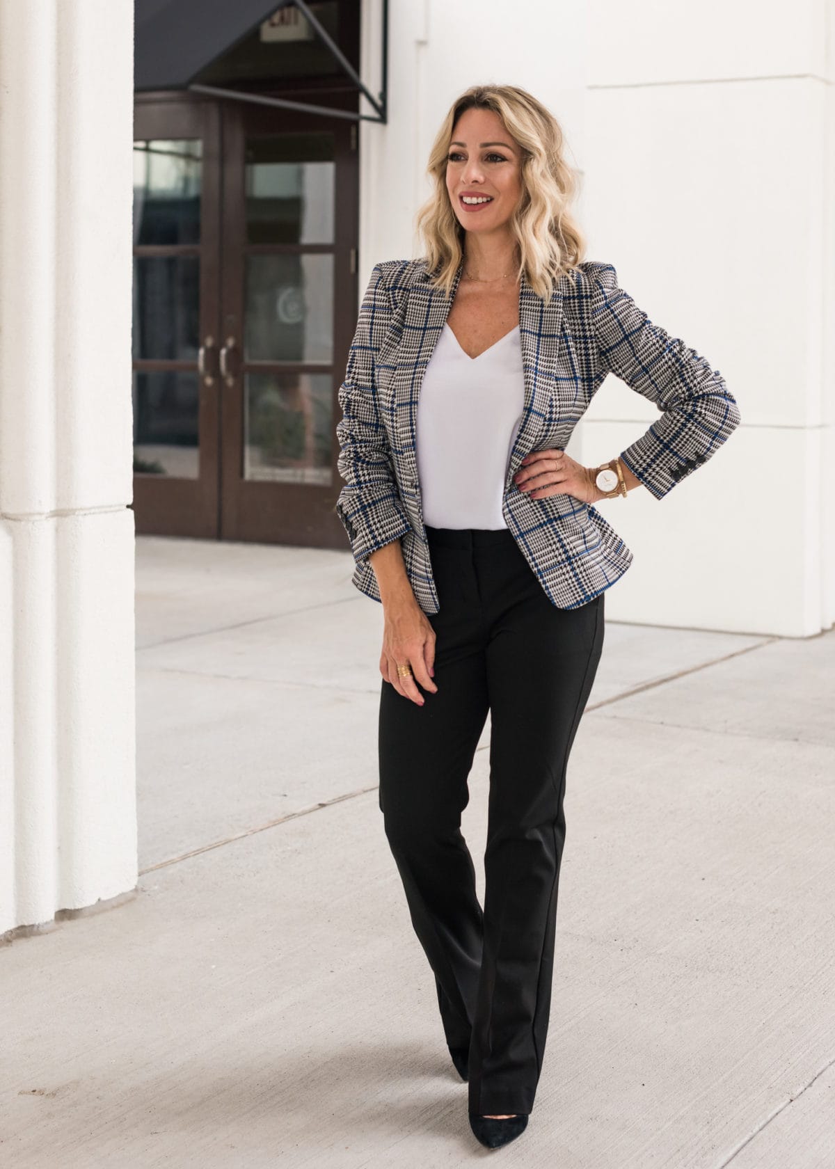 work outfit - plaid blazer and black pants