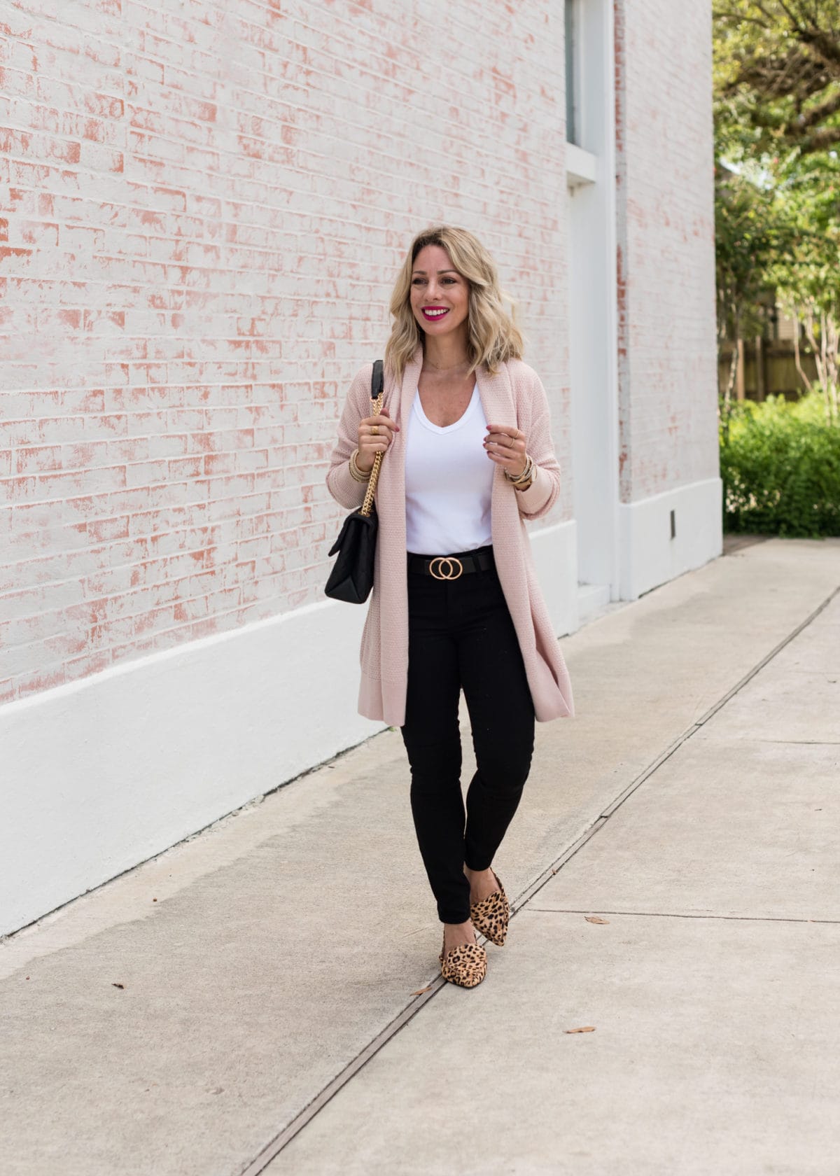 Pink Cardigan, White Tee and Black Jeans
