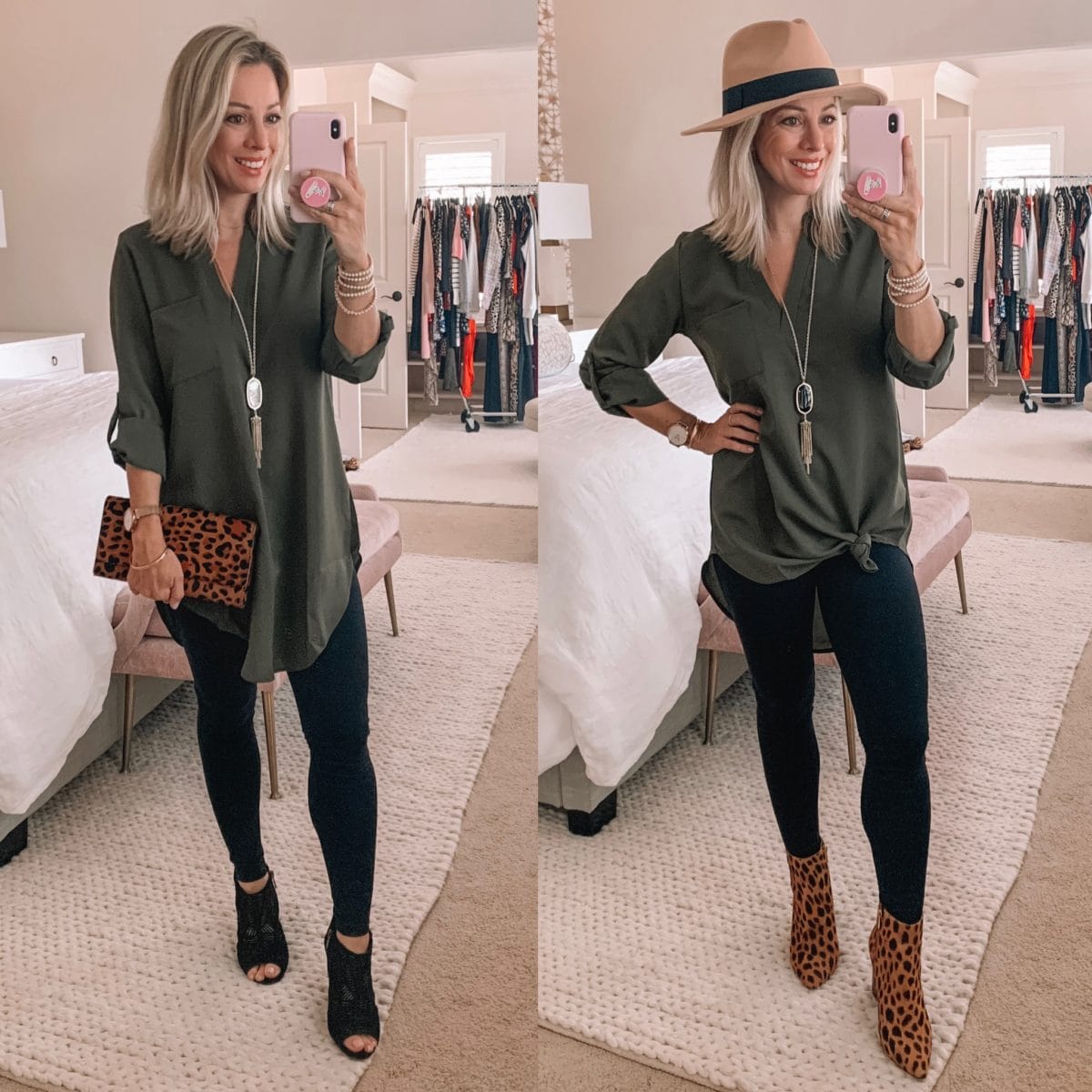 Amazon Fashion Faves, Gree Tunic Top, Leggings, Booties, Leopard Clutch