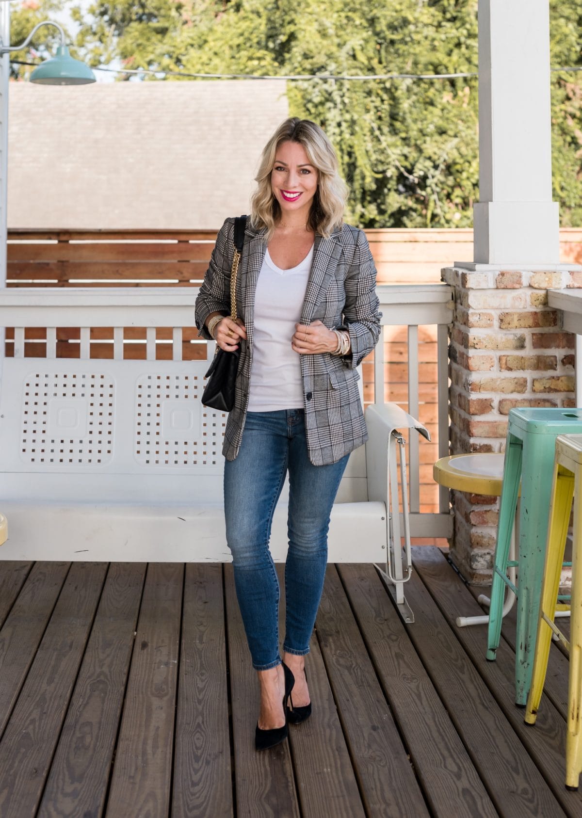 white tee with jeans and blazer