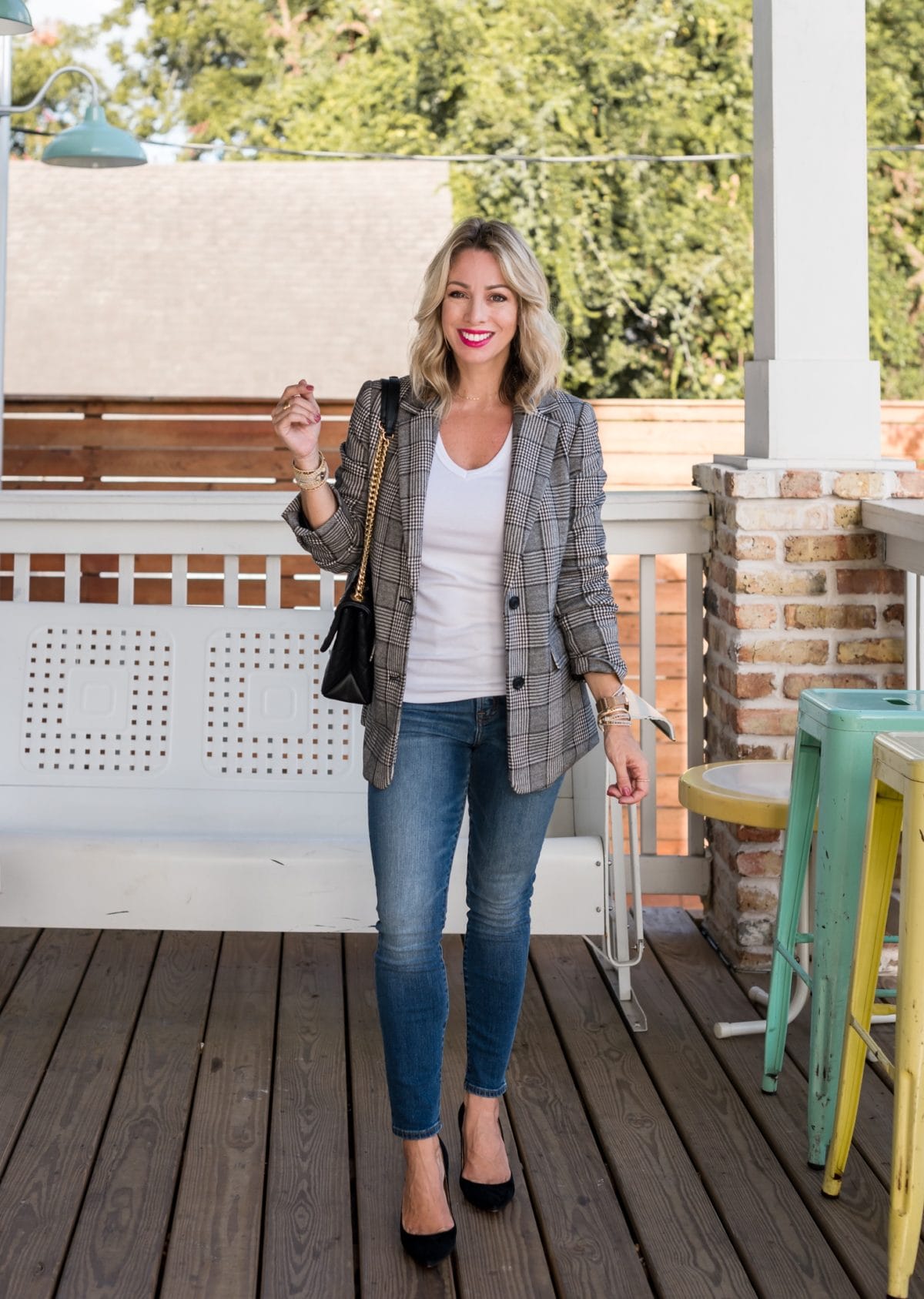 white tee with jeans and blazer