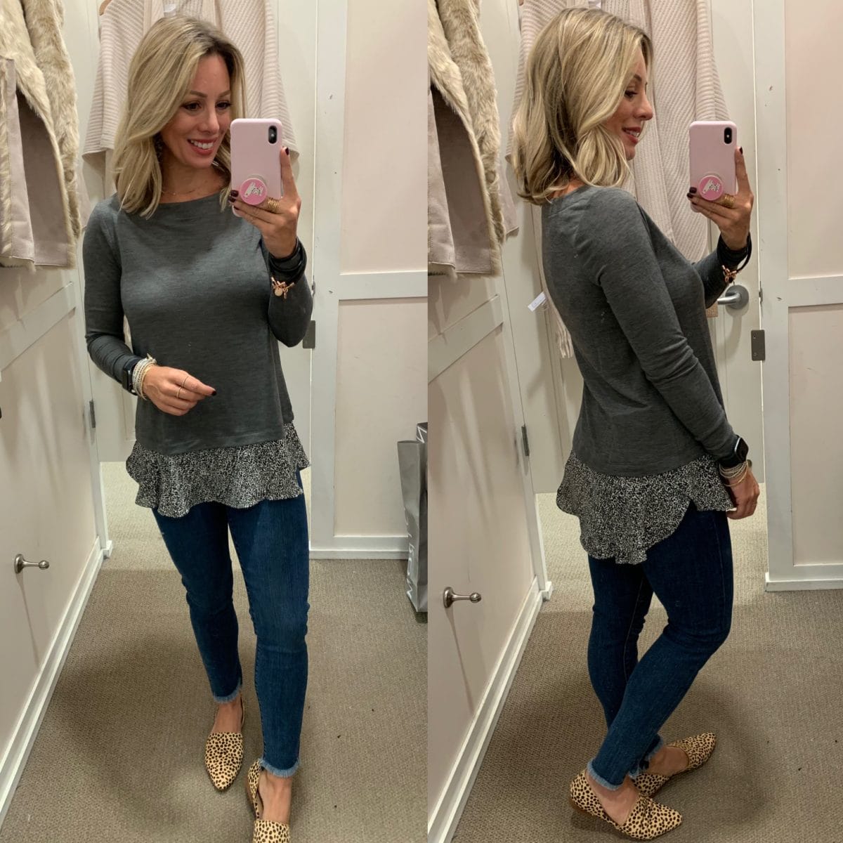 grey peplum top and jeans 