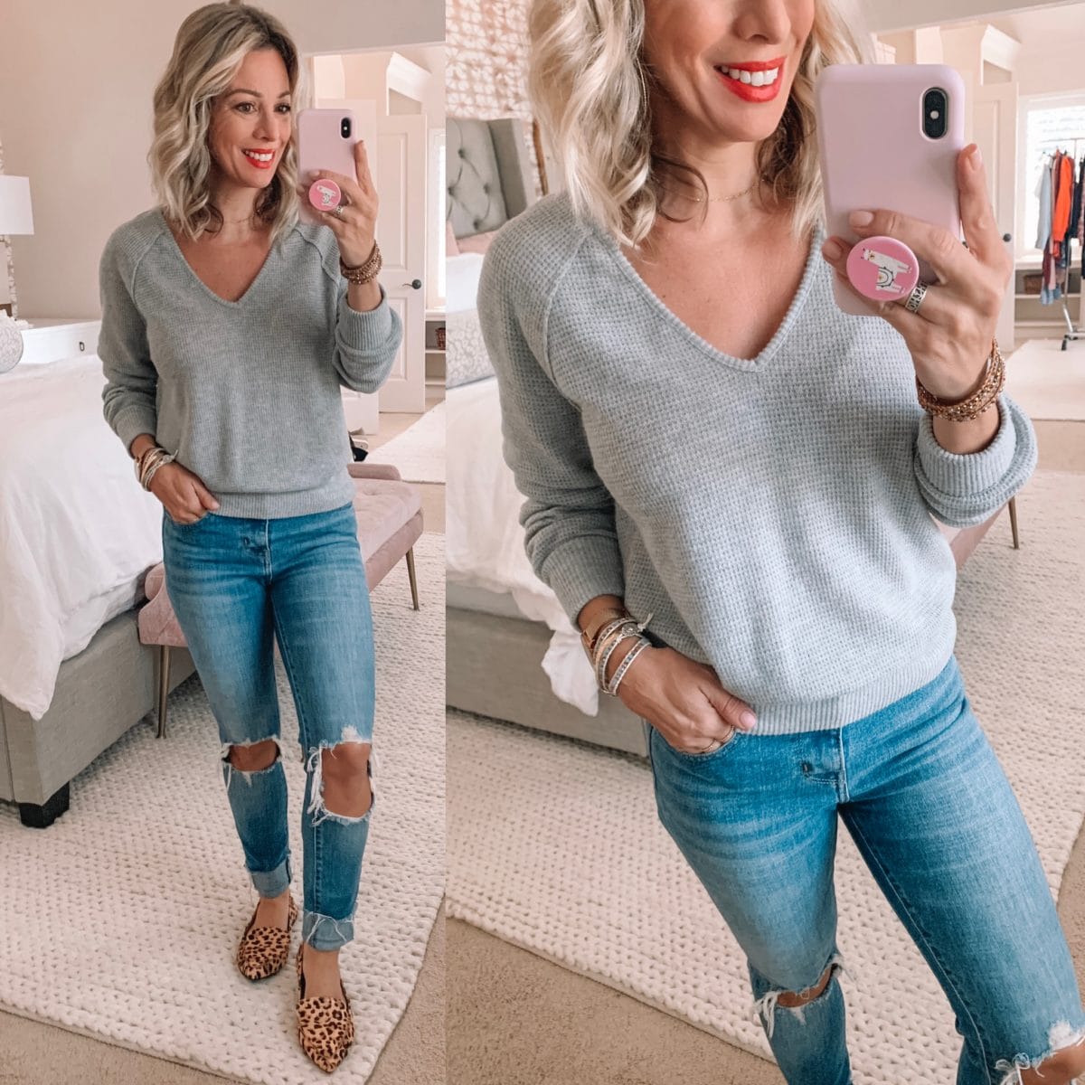 Grey V-Neck Sweater, Distressed Jeans and Leopard Flats