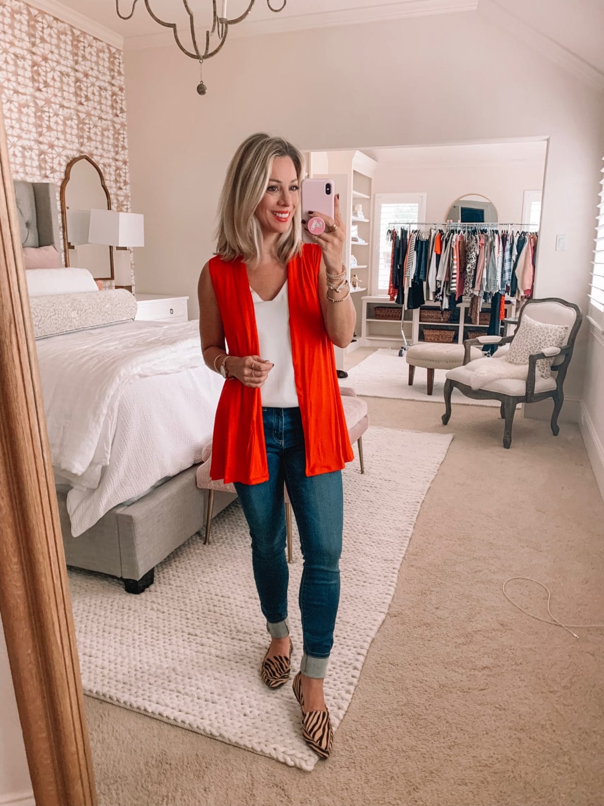 Amazon fashion haul, red cardigan and jeans 