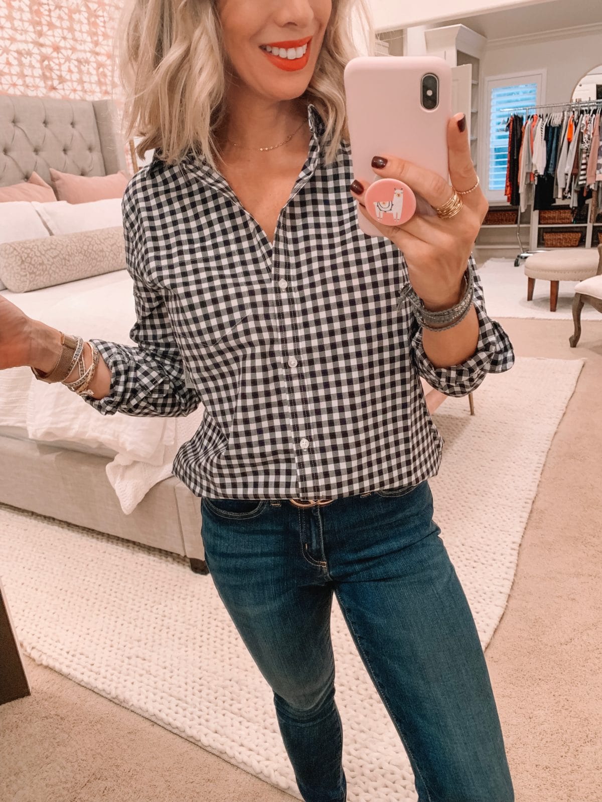Amazon fashion haul, gingham top and jeans 