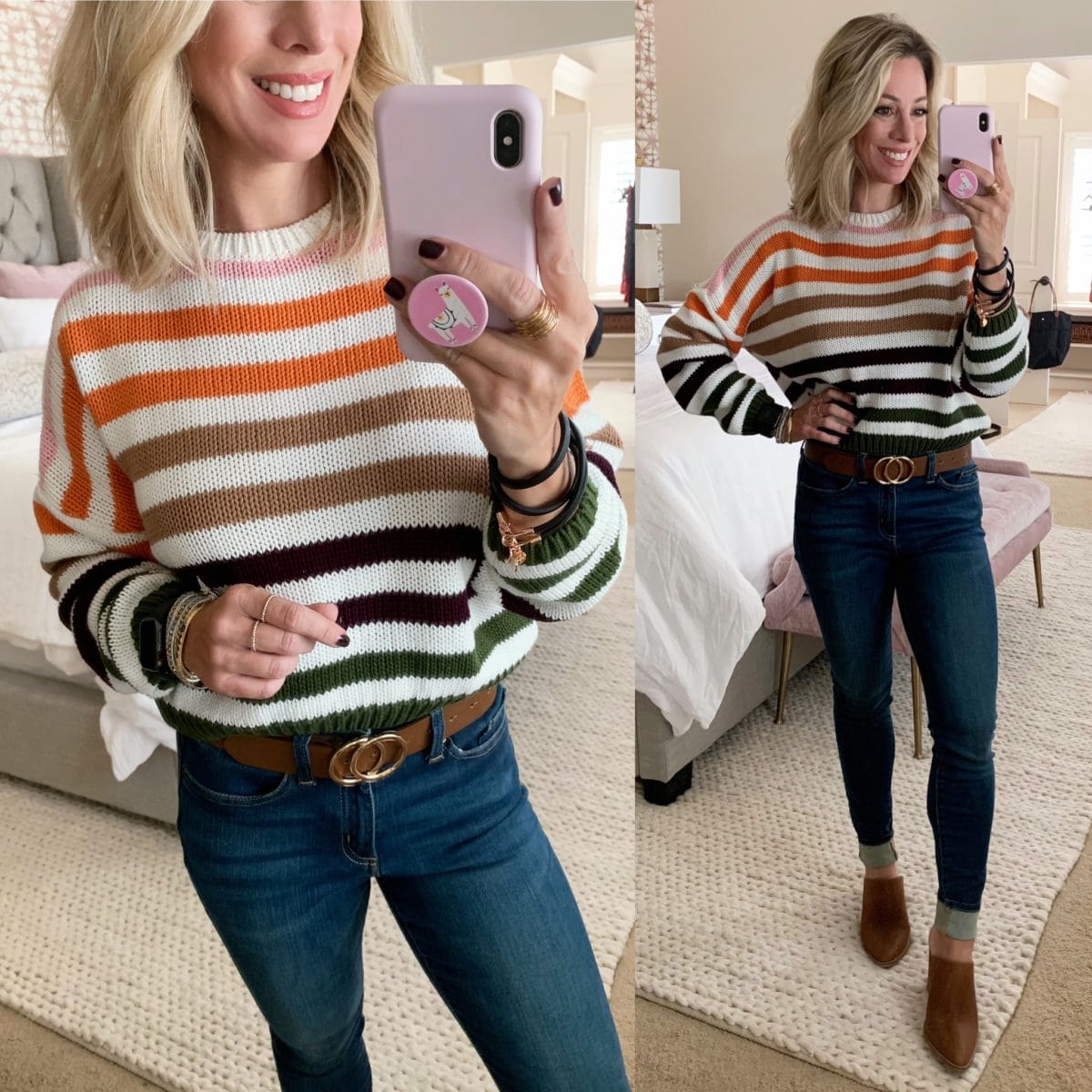 striped sweater and jeans 