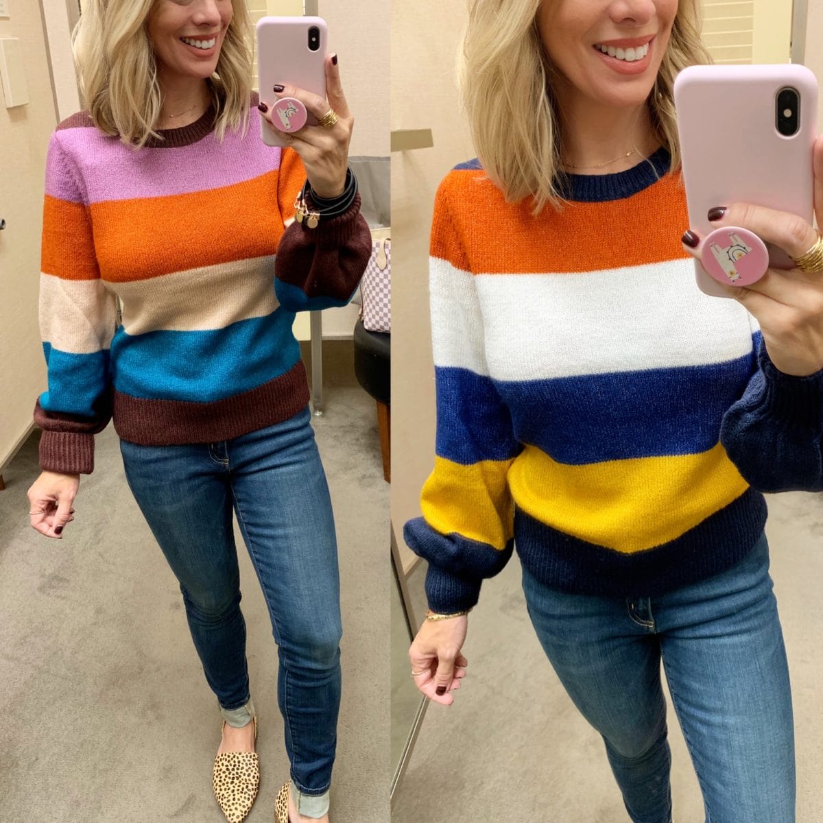 color block sweater and jeans 