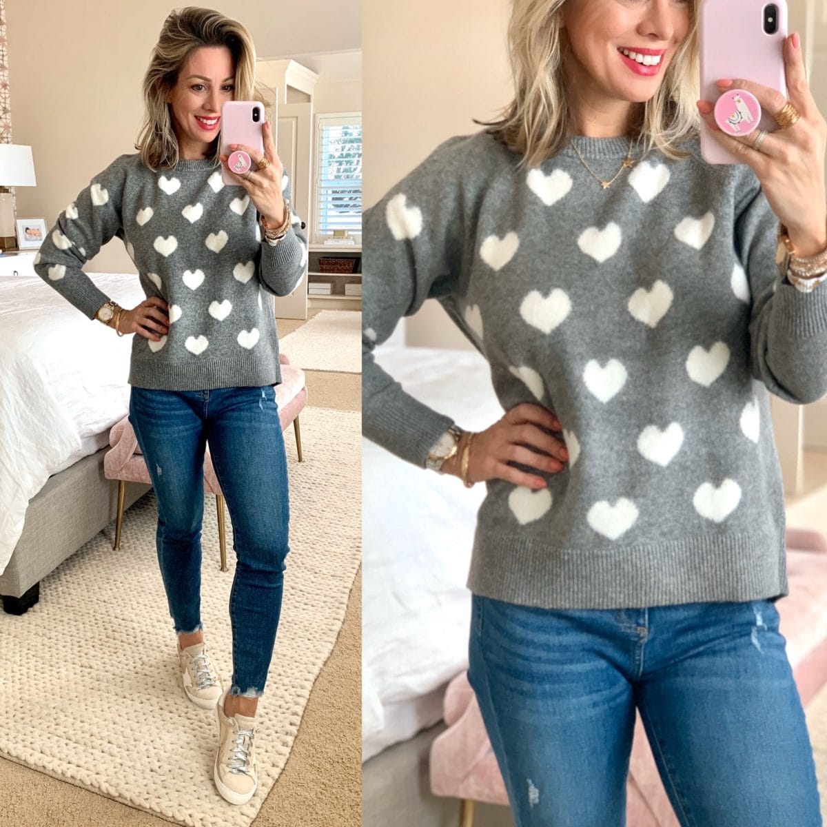 Grey and White Heart Sweater, Skinny Jeans, Star Sneakers