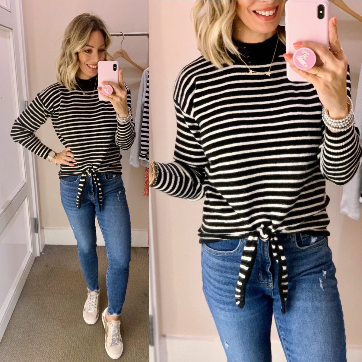 Black and White Stripe Tie Front Top, Skinny Jeans, Star Sneakers