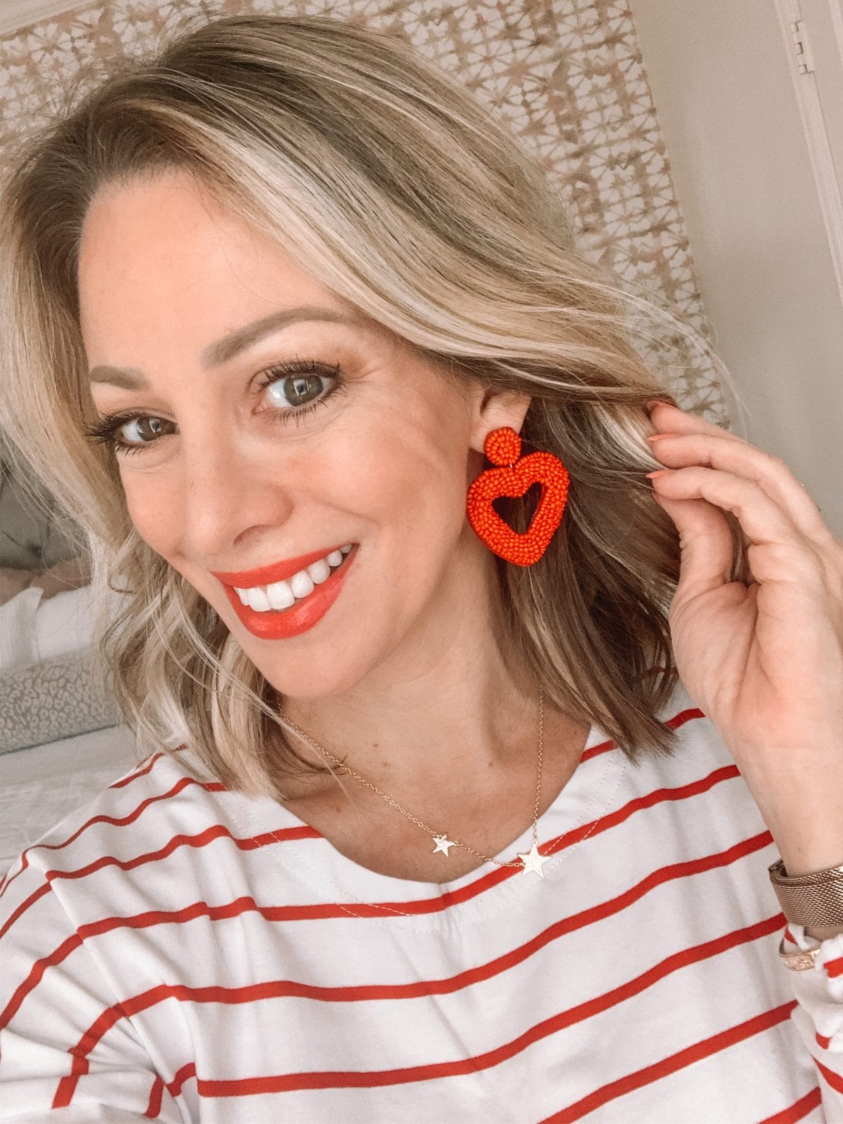 Red and White Stripe Top, Star Necklace, Heart Earrings