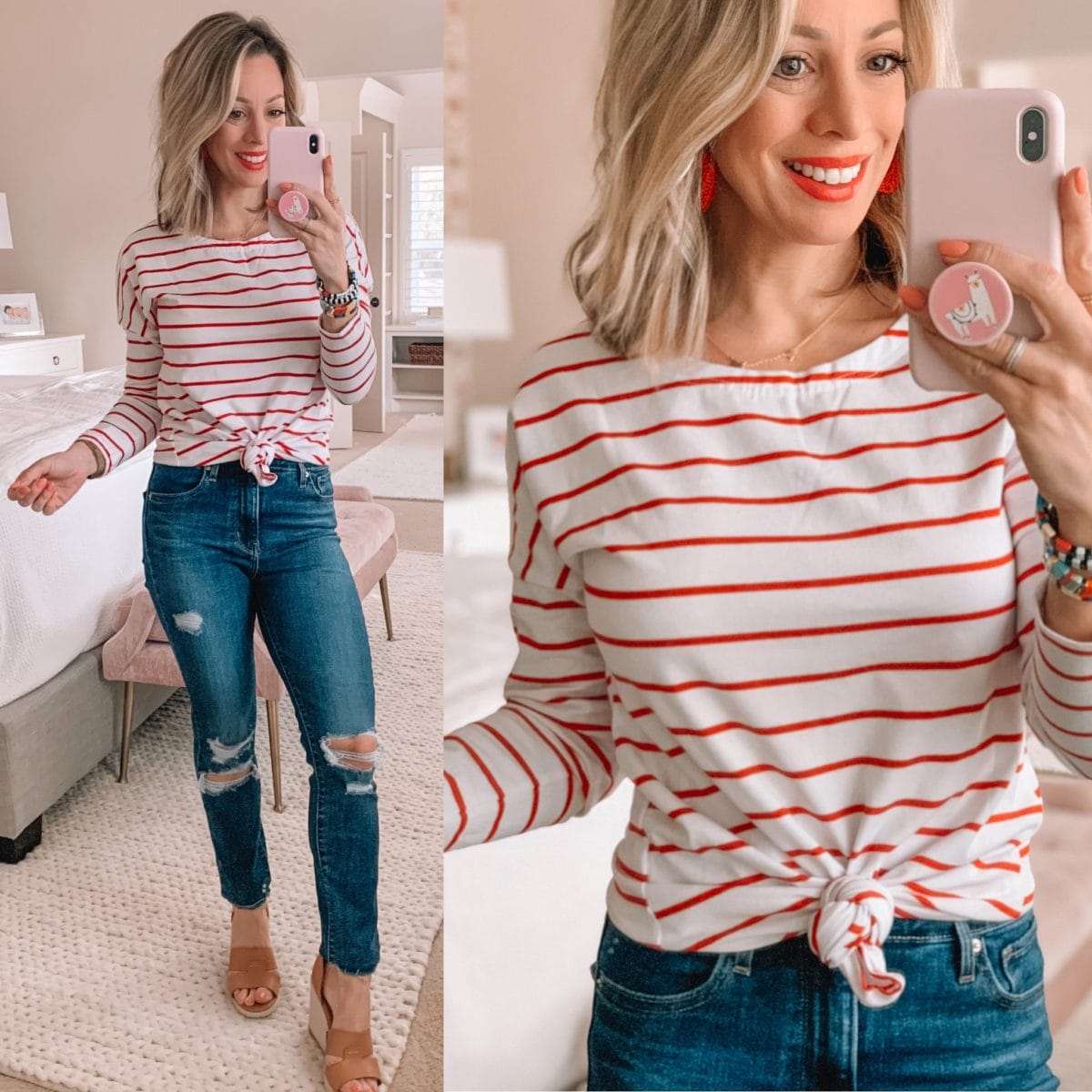 Red and White Stripe Top, Distressed Skinny Jeans, Wedges, Enamel bracelets