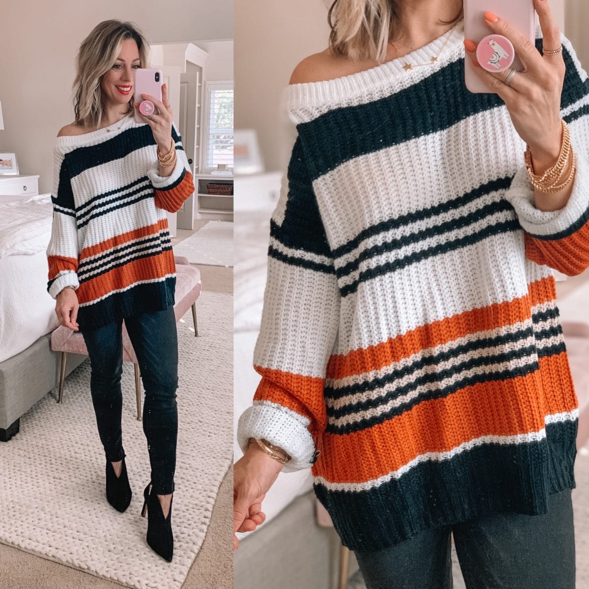 Striped Sweater off the shoulder, Black Jeans, Black Booties