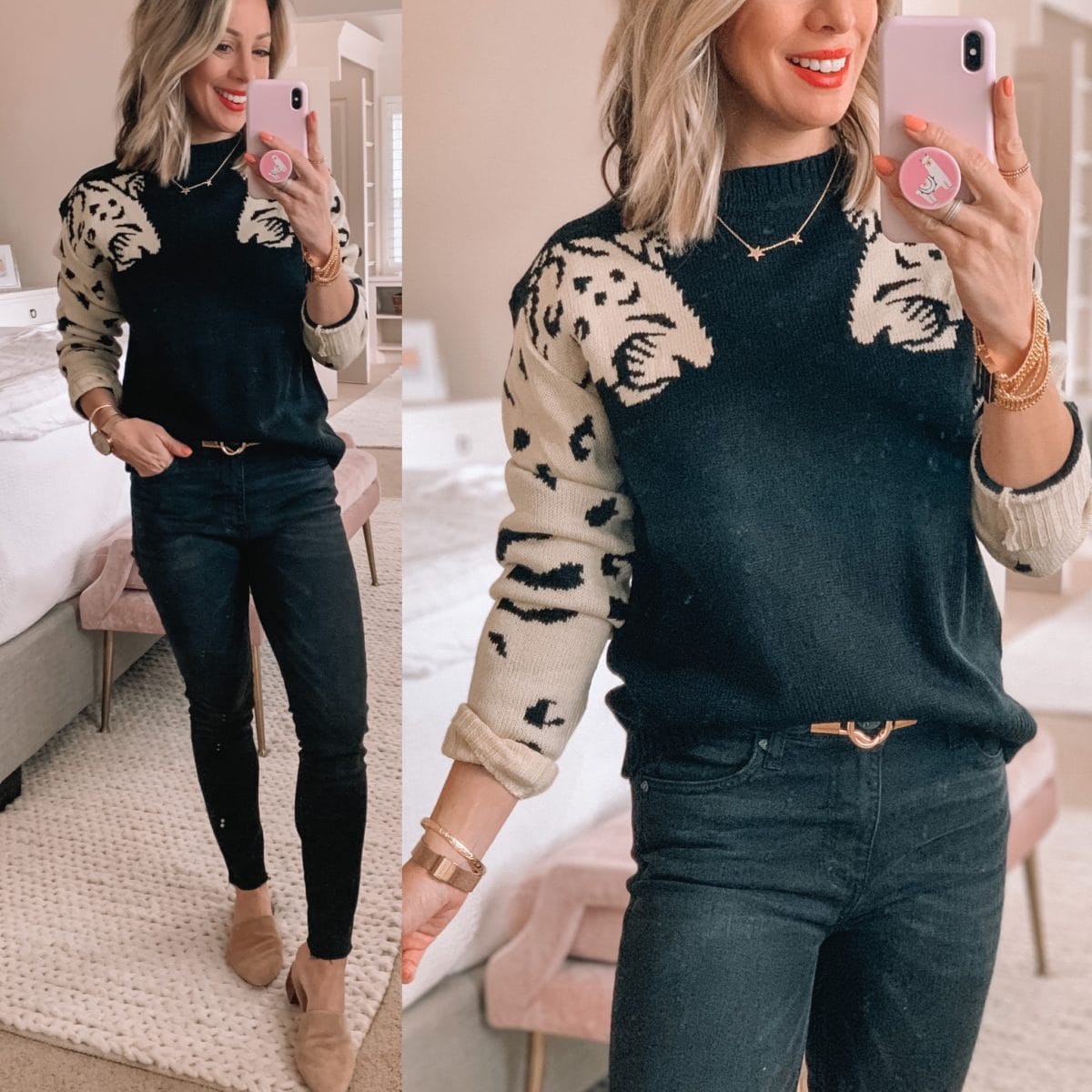 Leopard Sweater, Black Jeans, Mules, Star Necklace